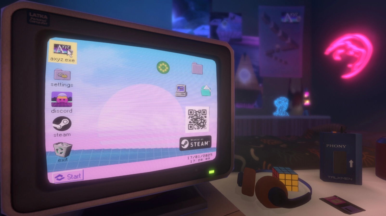 Axyz: Retro desktop interface with game shortcut, settings, and various icons in a vaporwave room