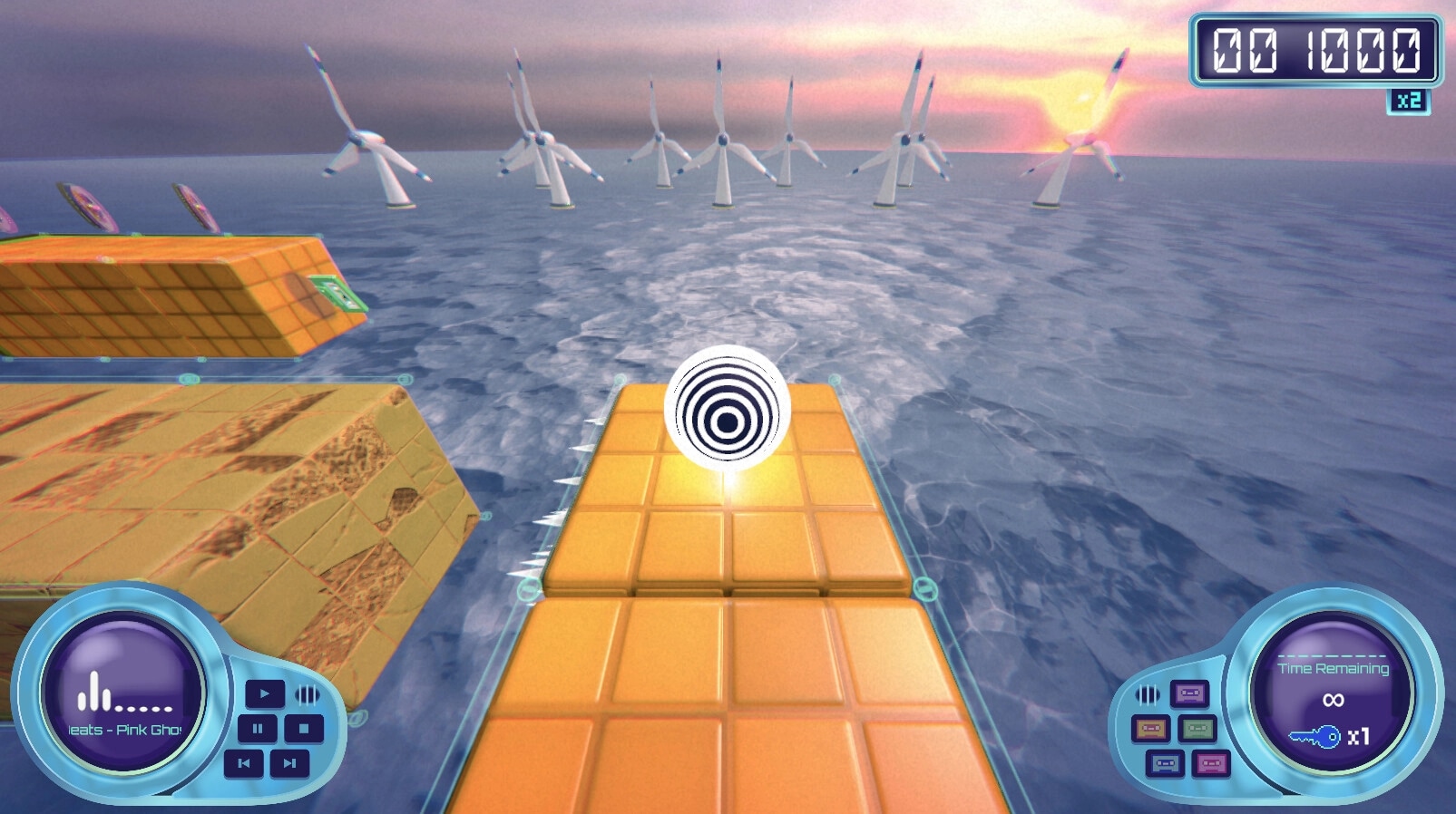 Axyz: Puzzle platform with wind turbines, player navigating over floating tiles, UI displaying time and score.