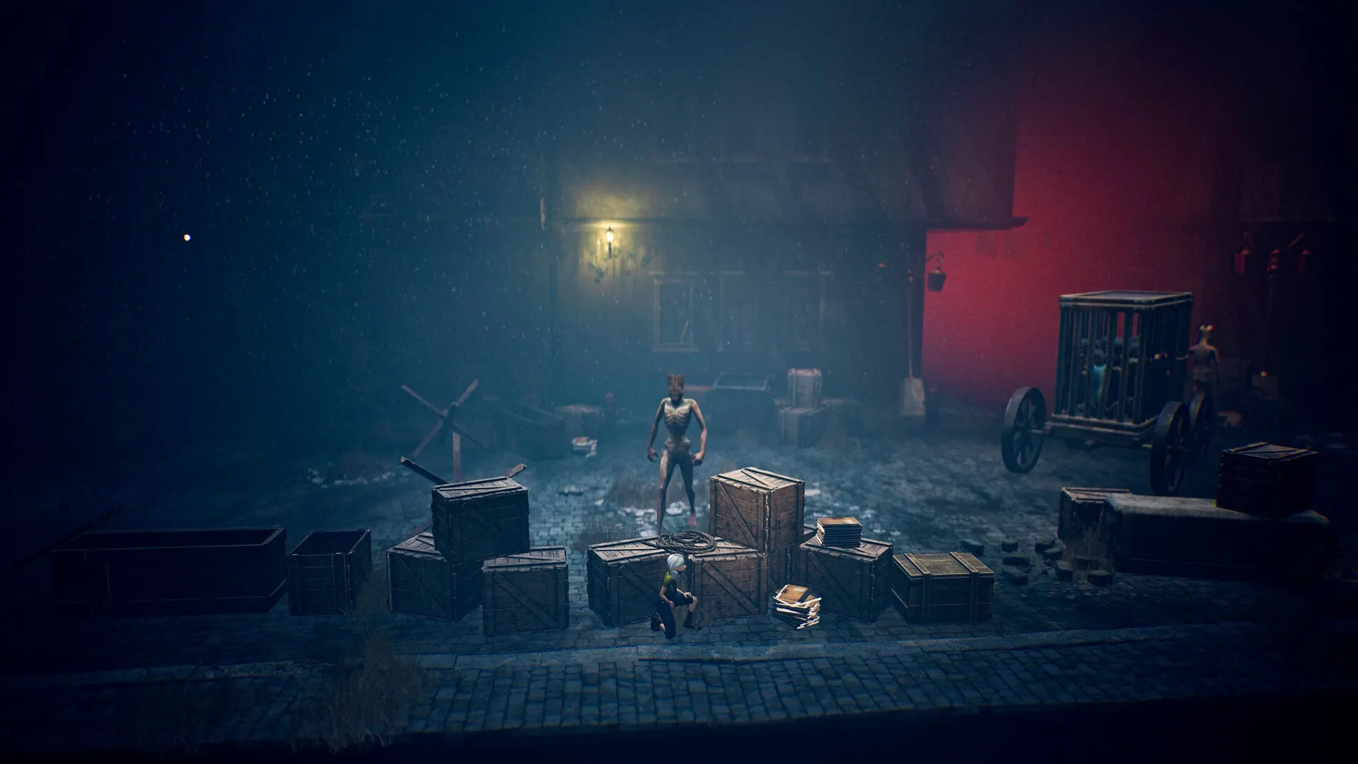 Ayasa: Sneaking past crates with menacing creature and cage in eerie, foggy street setting