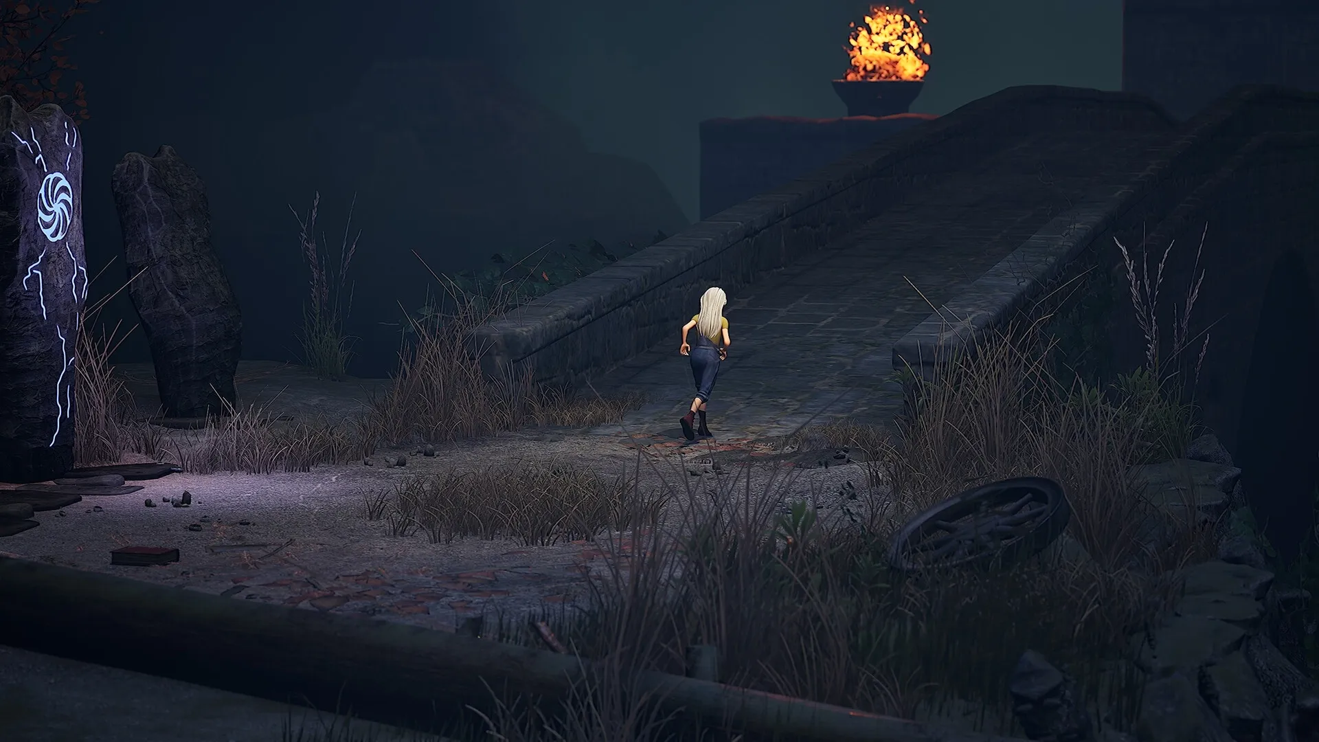 Ayasa: Character explores eerie stone bridge with glowing rune pillar and burning brazier nearby