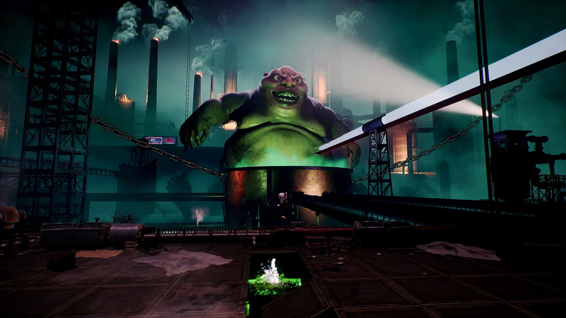 Ayasa: Player confronts giant creature in industrial factory with smokestacks and chains in eerie mist