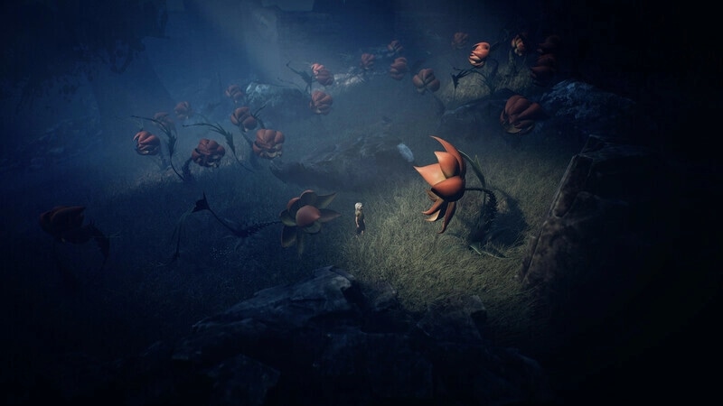 Ayasa: Lone character in eerie forest clearing surrounded by giant, ominous flowers in moonlit night.