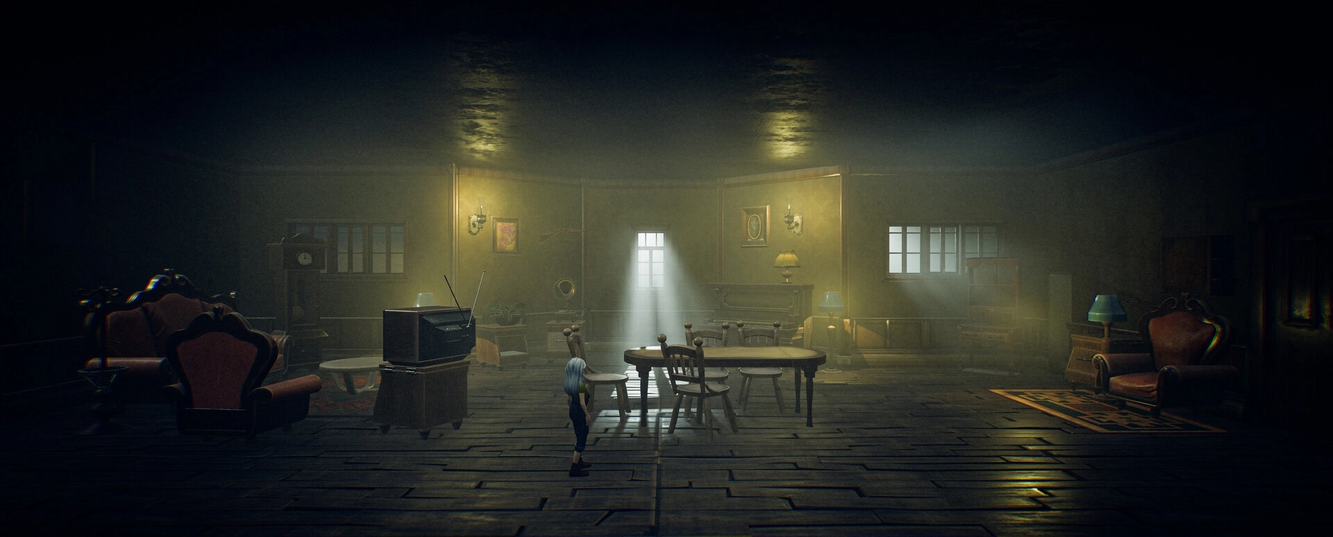 Ayasa: Character explores dimly lit room with vintage furniture and a glowing beam of light.