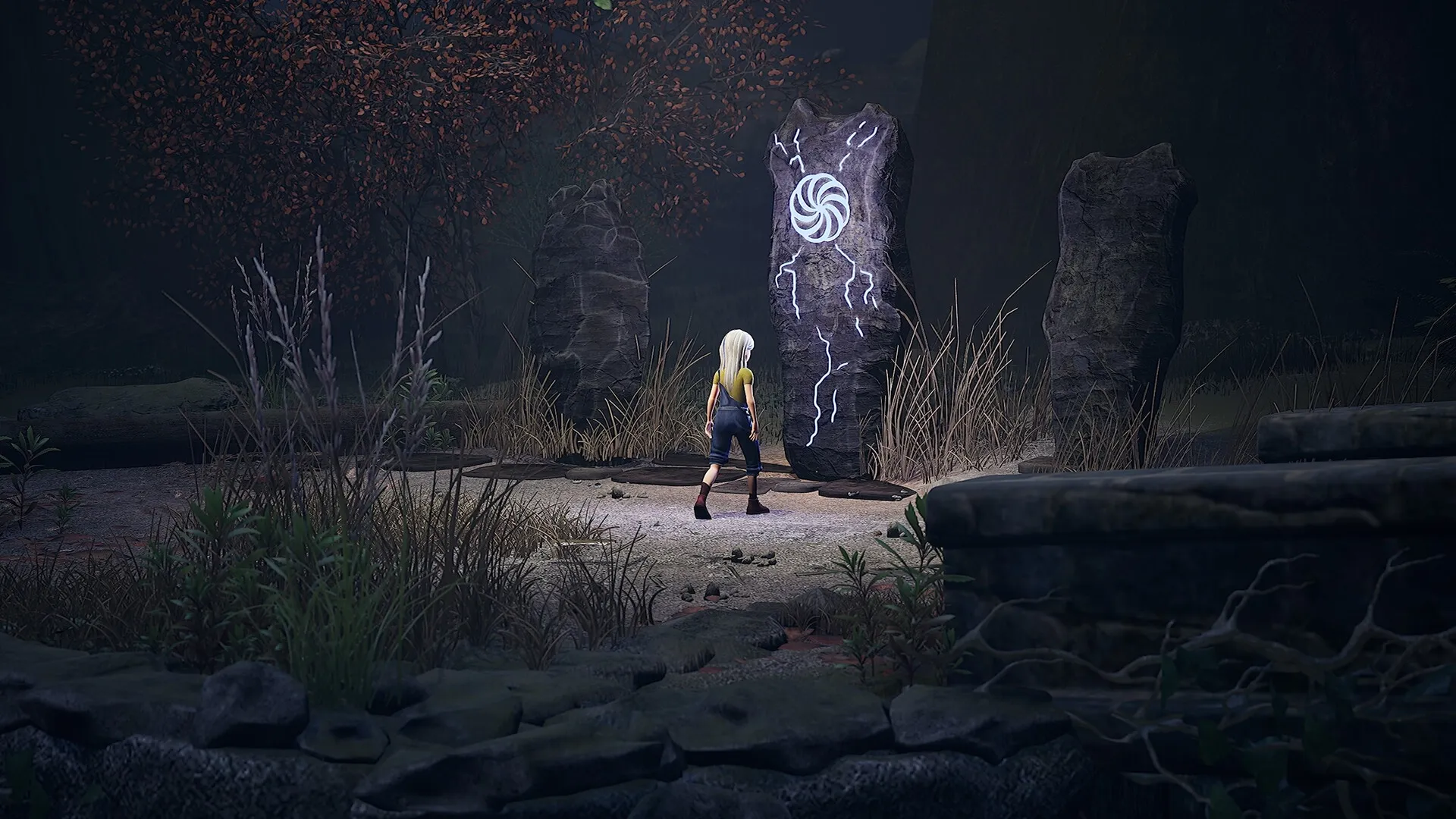 Ayasa: Character approaches glowing stone monolith in dark forest clearing surrounded by tall grass