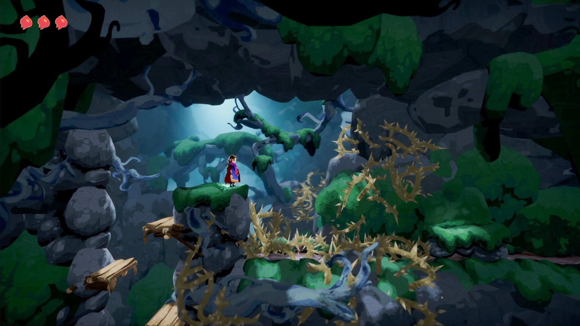 Ayna: Character navigates rocky cave with glowing thorns and wooden platforms in a mystical forest.