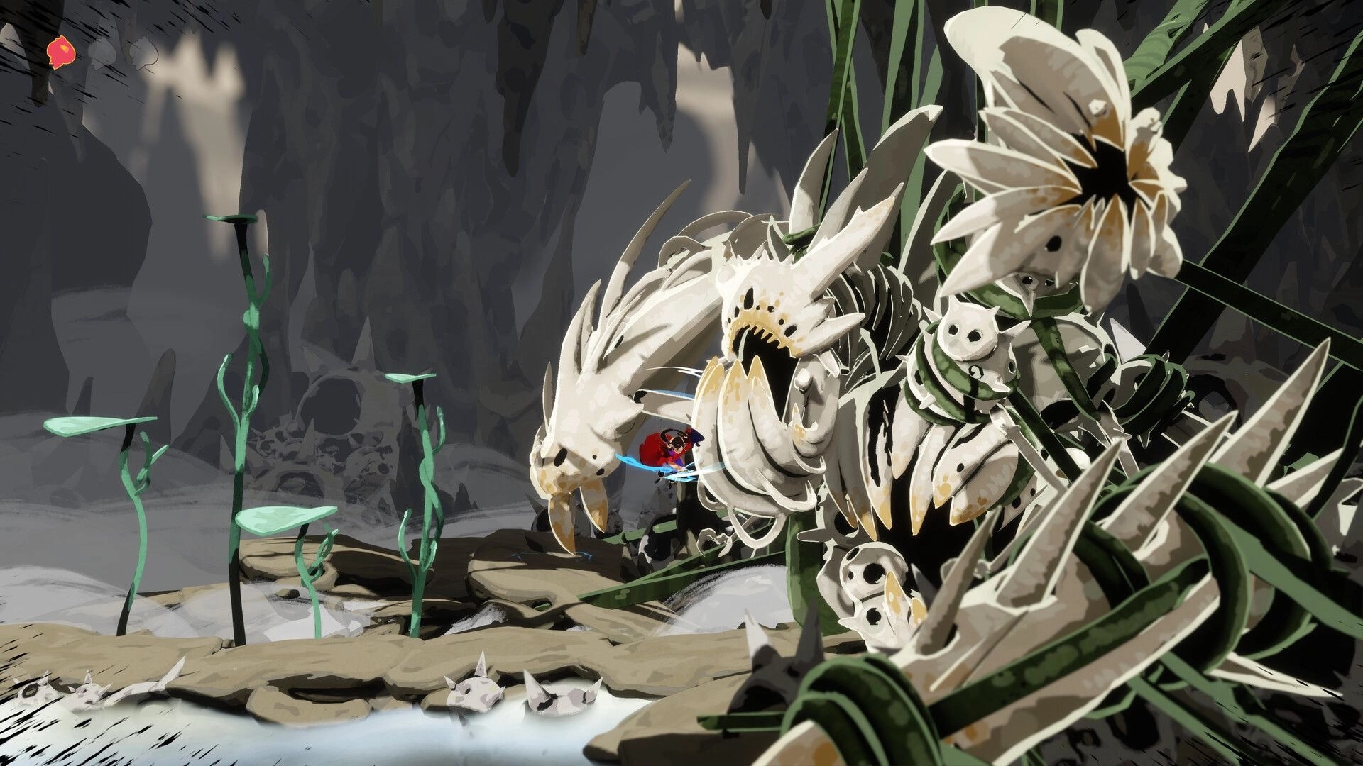 Ayna: Battling a giant plant creature in a dark cave with luminescent green vines and rocks.