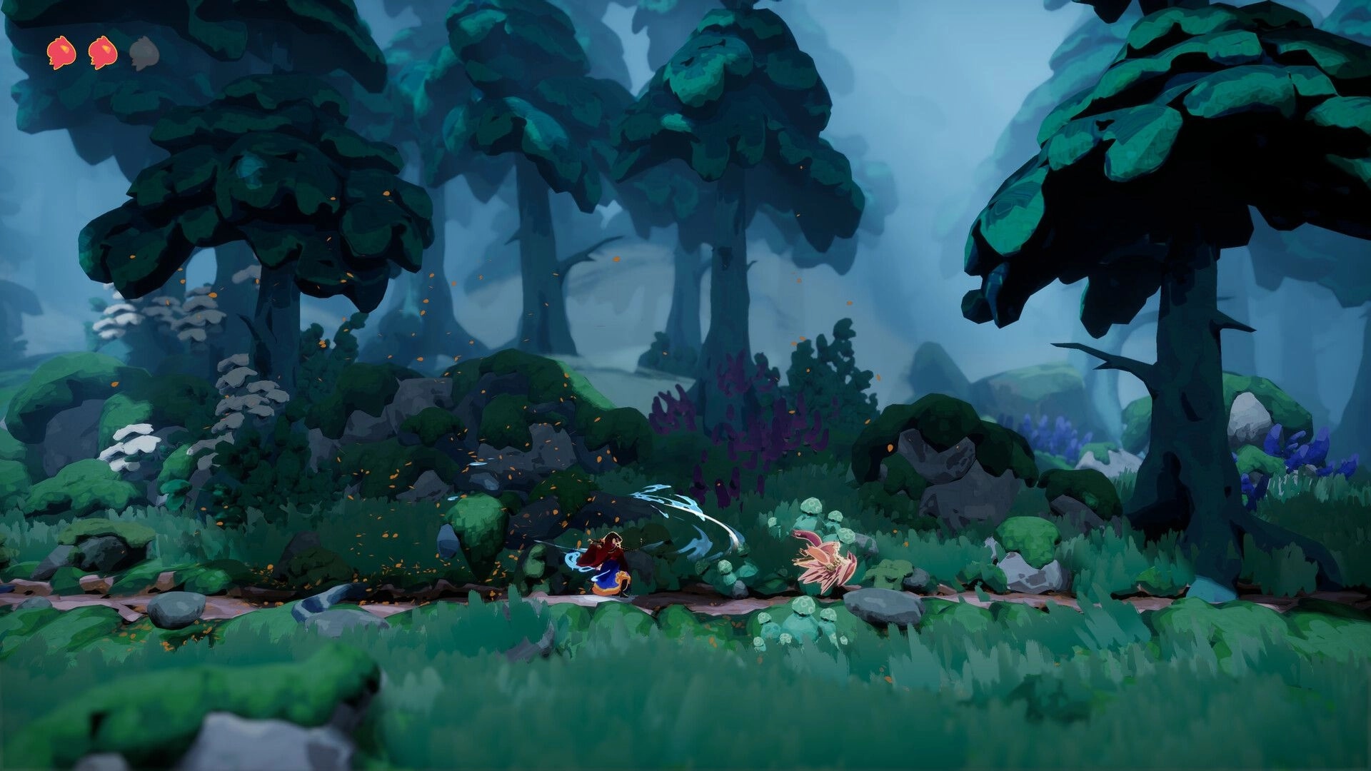 Ayna: Character battles creature in enchanted forest with lush greenery and two lives shown in UI