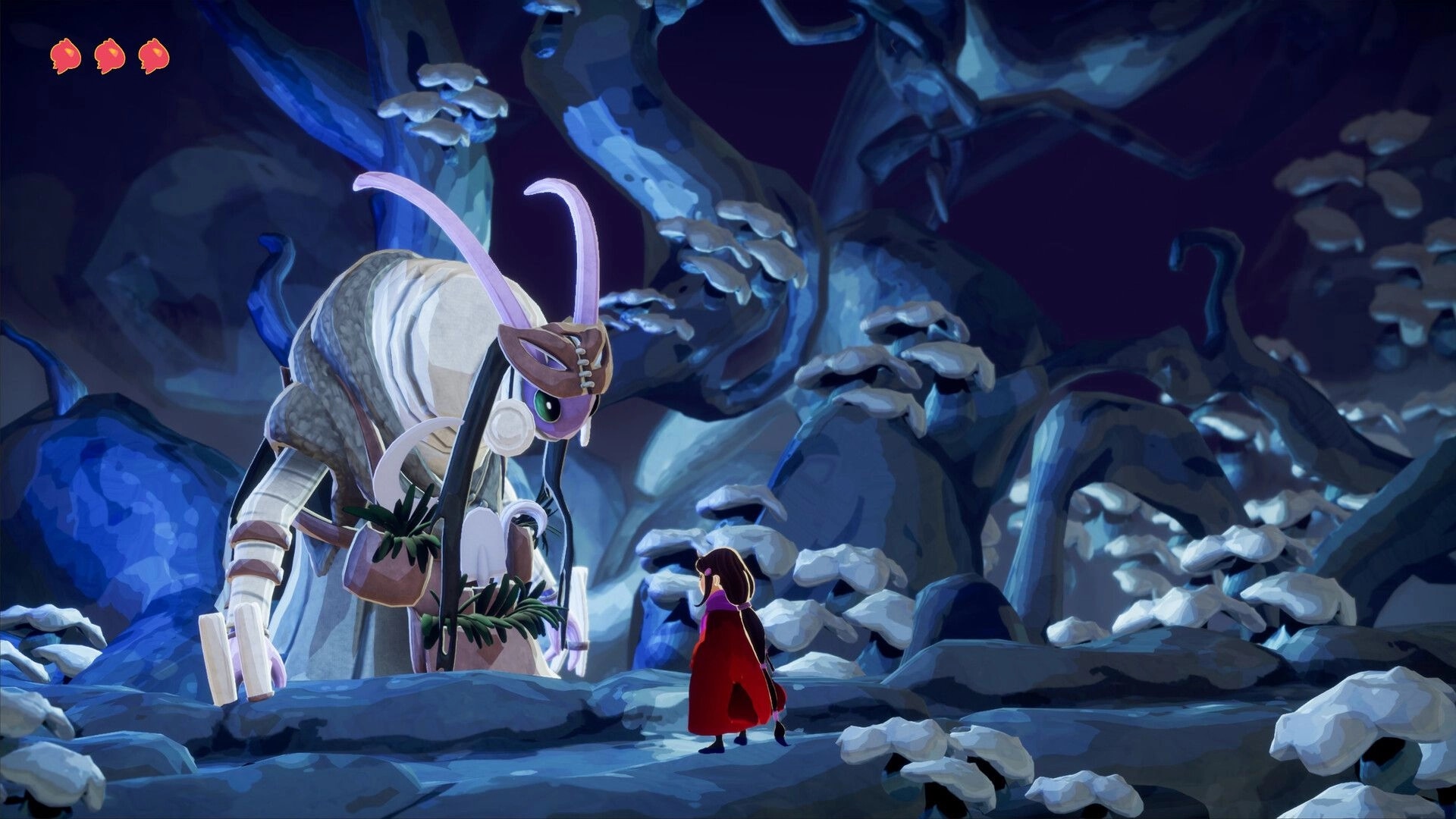 Ayna: Player character in red cloak encounters giant mantis creature in a snowy, mystical forest setting.