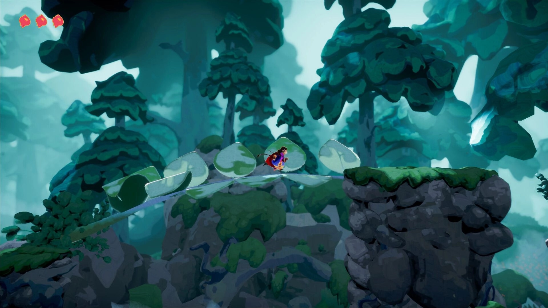 Ayna: Character runs across leaf bridge in a lush, mystical forest with health icons in the corner.
