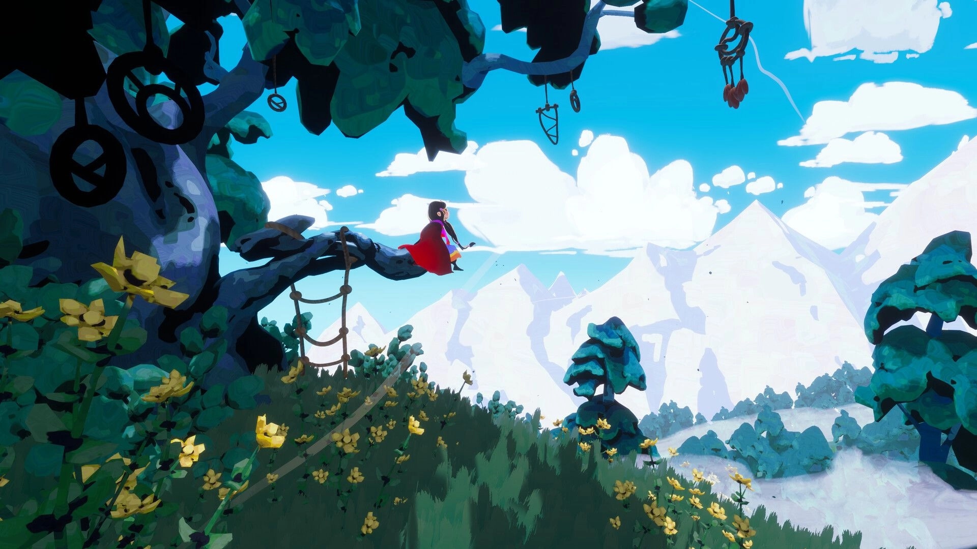 Ayna: Character in red cloak sits on tree branch overlooking a lush forest with distant mountains