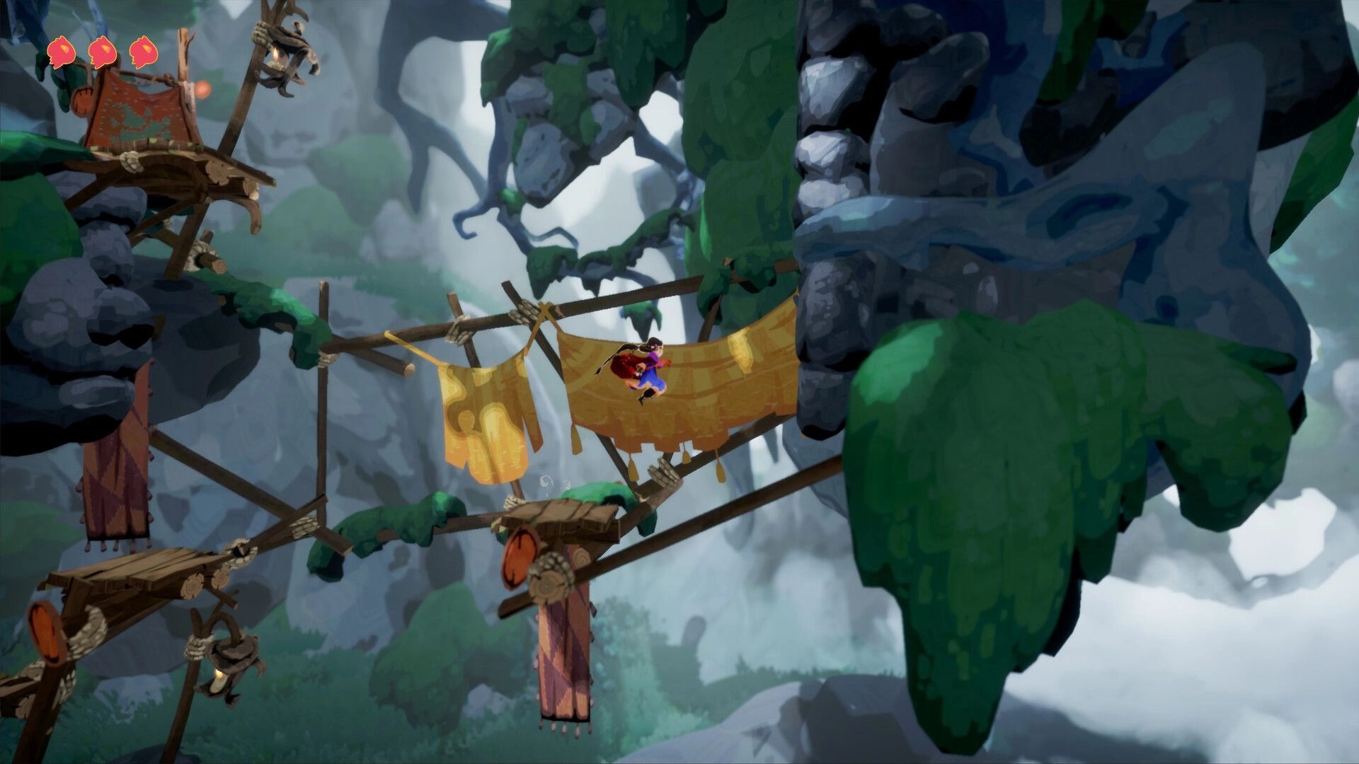 Ayna: Character jumps on suspended platforms in a lush, mountainous forest environment