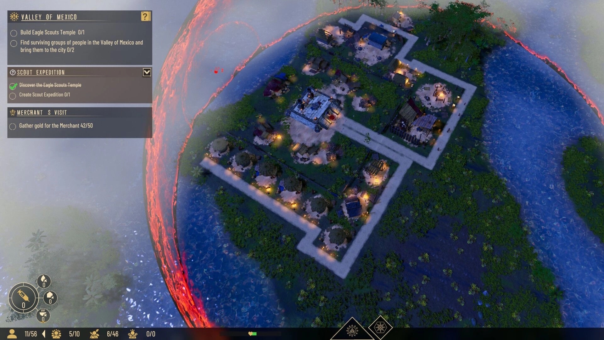 Aztecs: Overhead view of Tenochtitlan city with quests menu and resource indicators on screen.