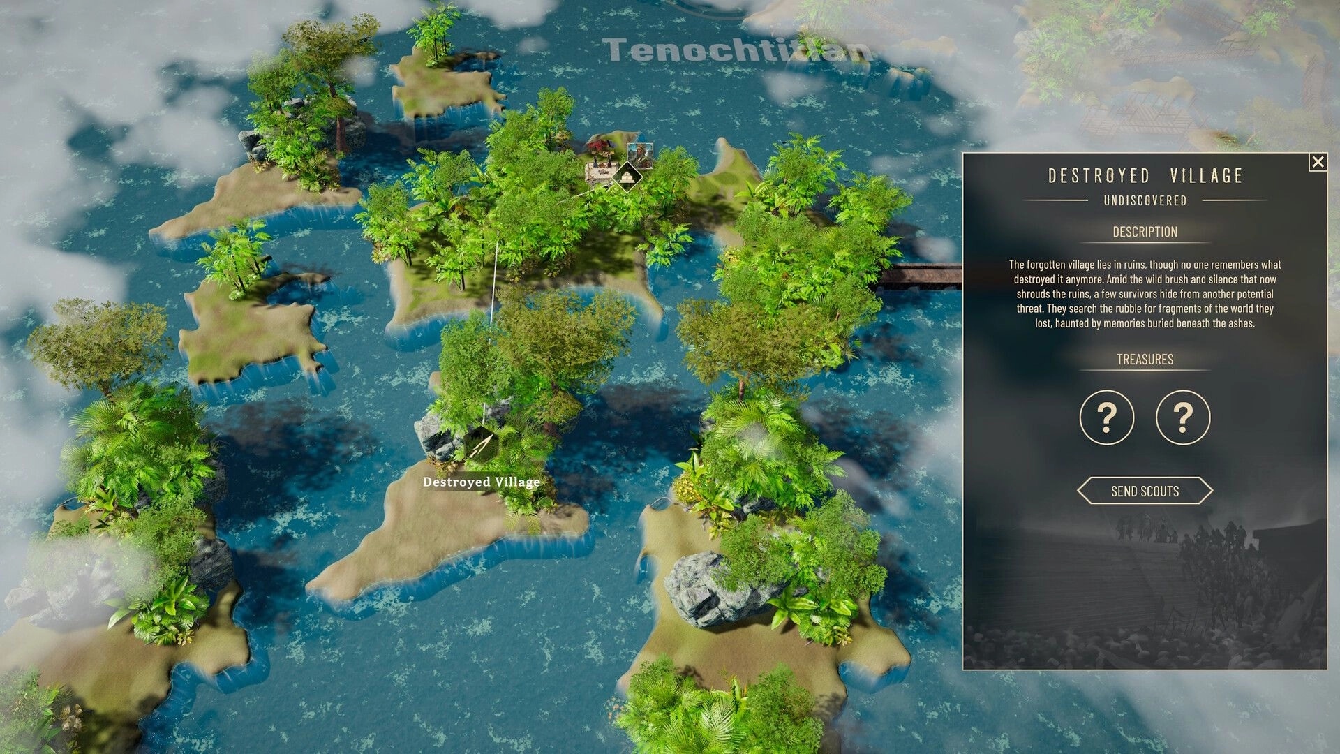 Aztecs: Overhead view of lush islands and a destroyed village with detailed description panel on the side.