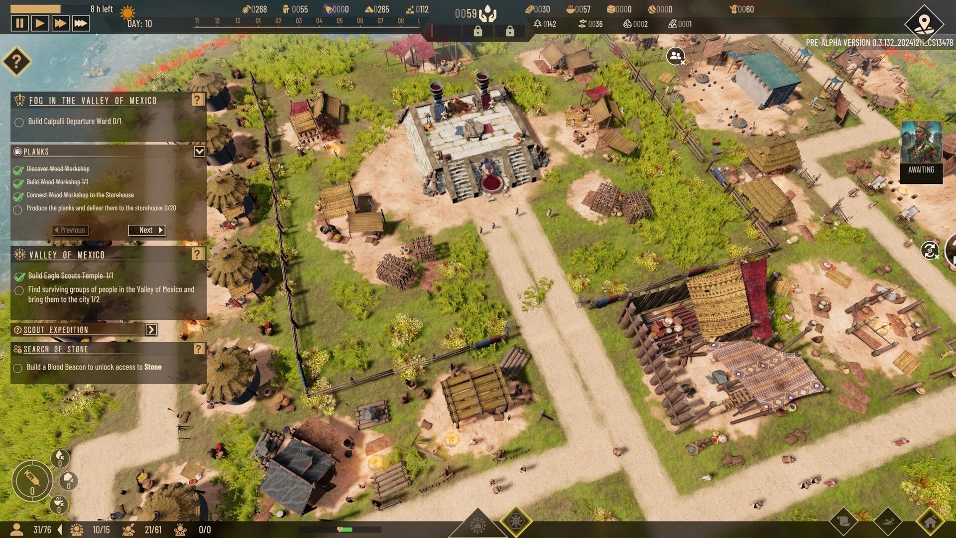 Aztecs: Overhead view of Tenochtitlan with task menu and resource indicators in lush village setting.