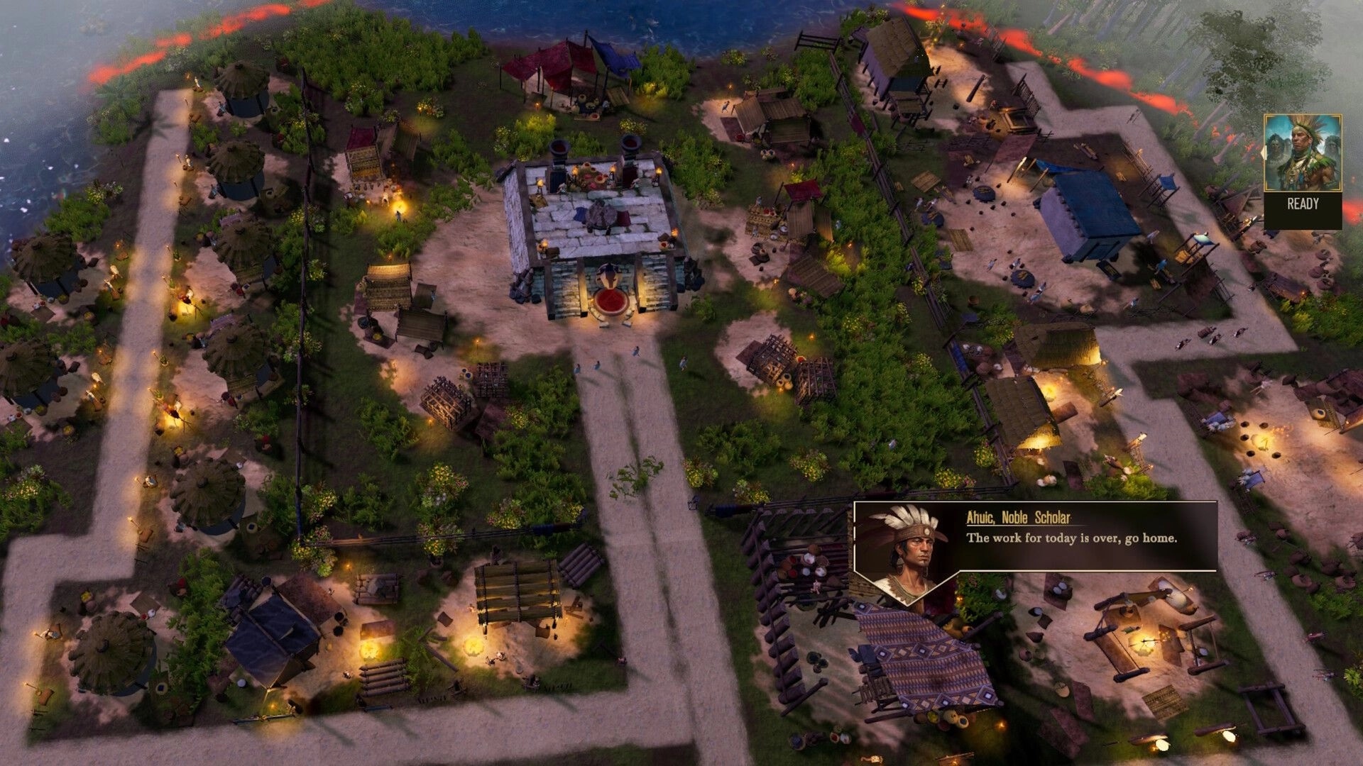 Aztecs: Overhead view of Tenochtitlan at night with Ahuc, Noble Scholar, giving end-of-day advice.