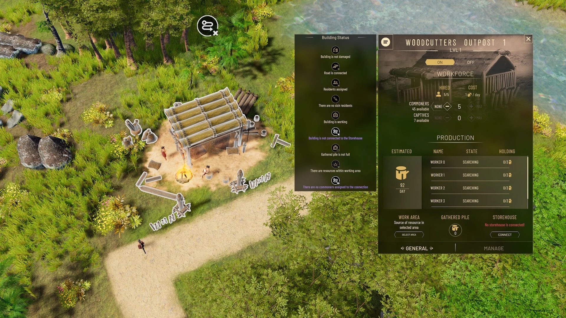 Aztecs: Woodcutters' outpost status panel with workforce details in a lush forest setting.