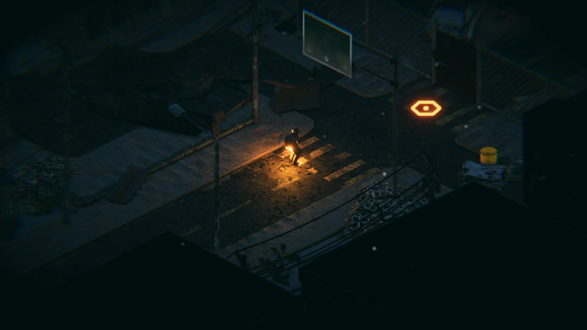 BA: Character with lantern crossing dark street in post-war Seoul setting, debris and fences visible