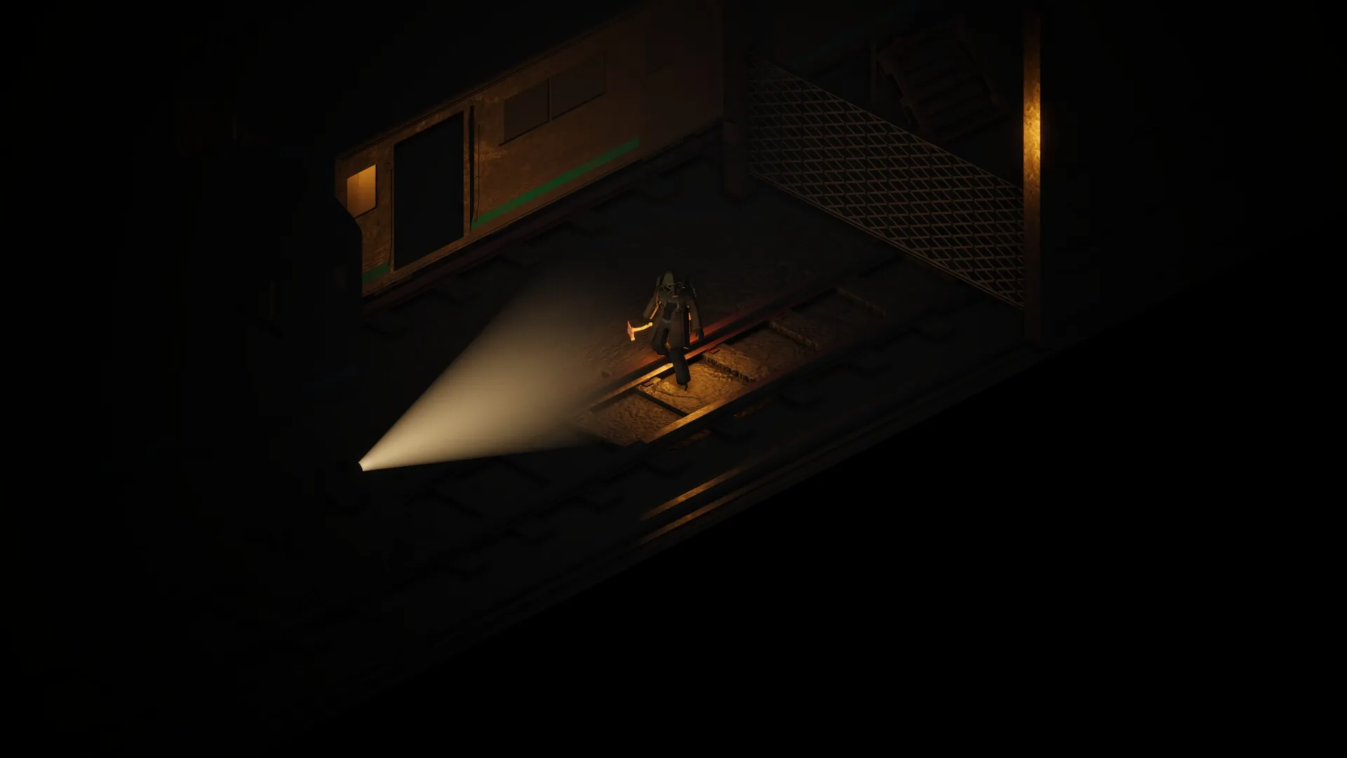 BA: Character explores dark subway tunnel with flashlight illuminating tracks in abandoned station.