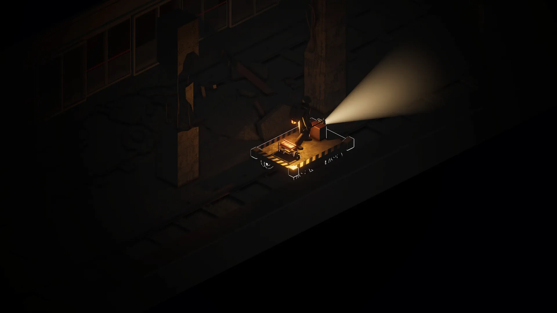 BA: Character on a lit platform exploring dark, abandoned subway in devastated Seoul environment