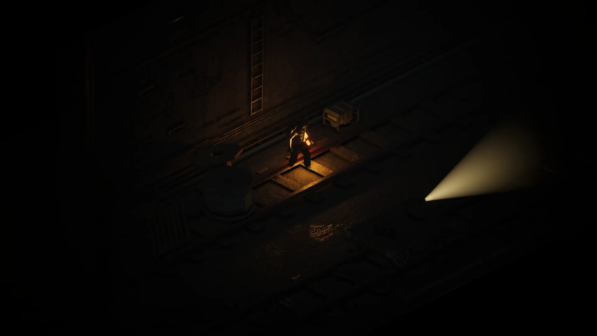 BA: Character with lantern explores dark subway tracks, surrounded by shadows and dimly lit objects.