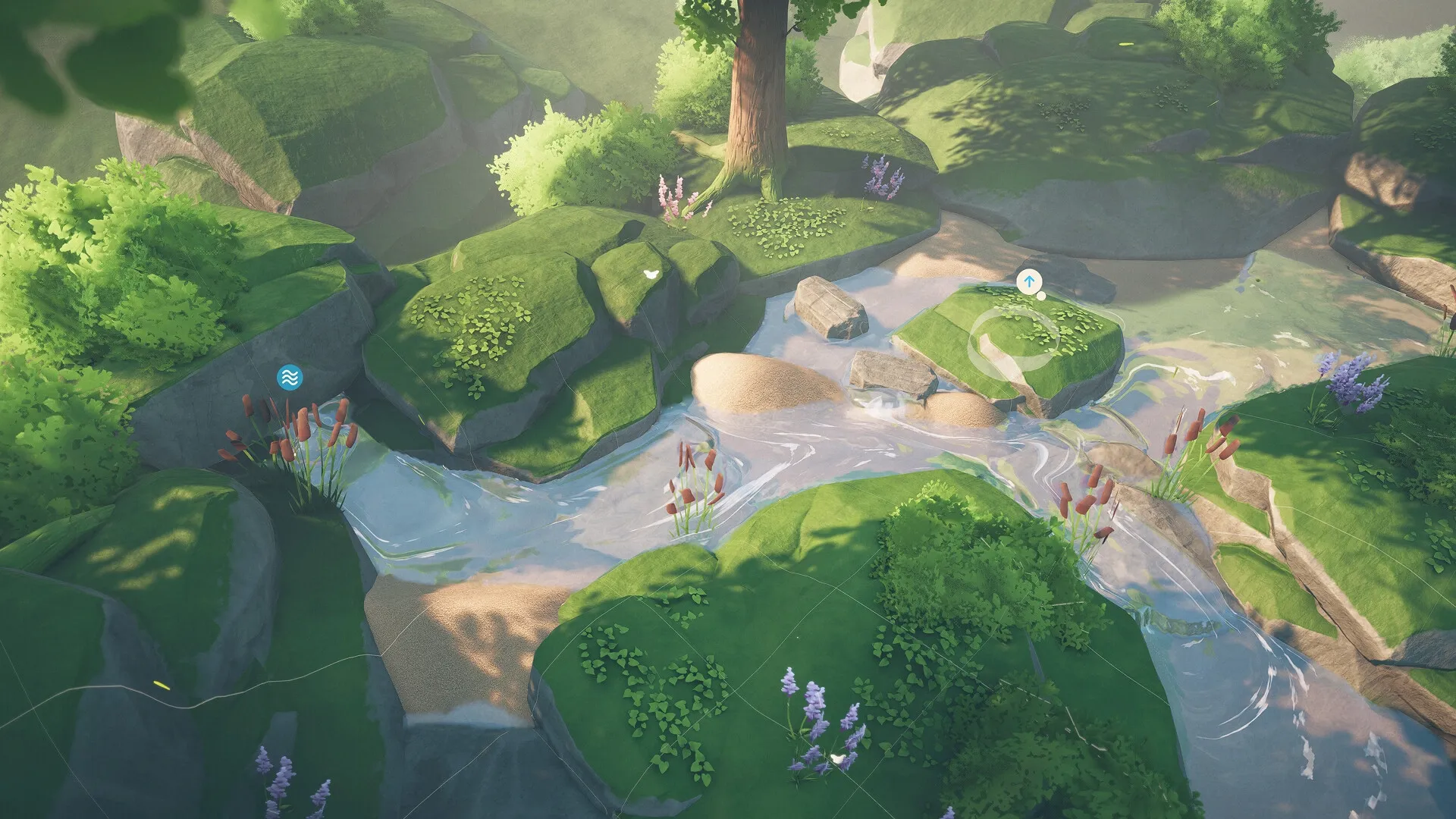 Babbling Brook: Serene forest stream with sandbanks, rocks, and lush greenery under dappled sunlight.