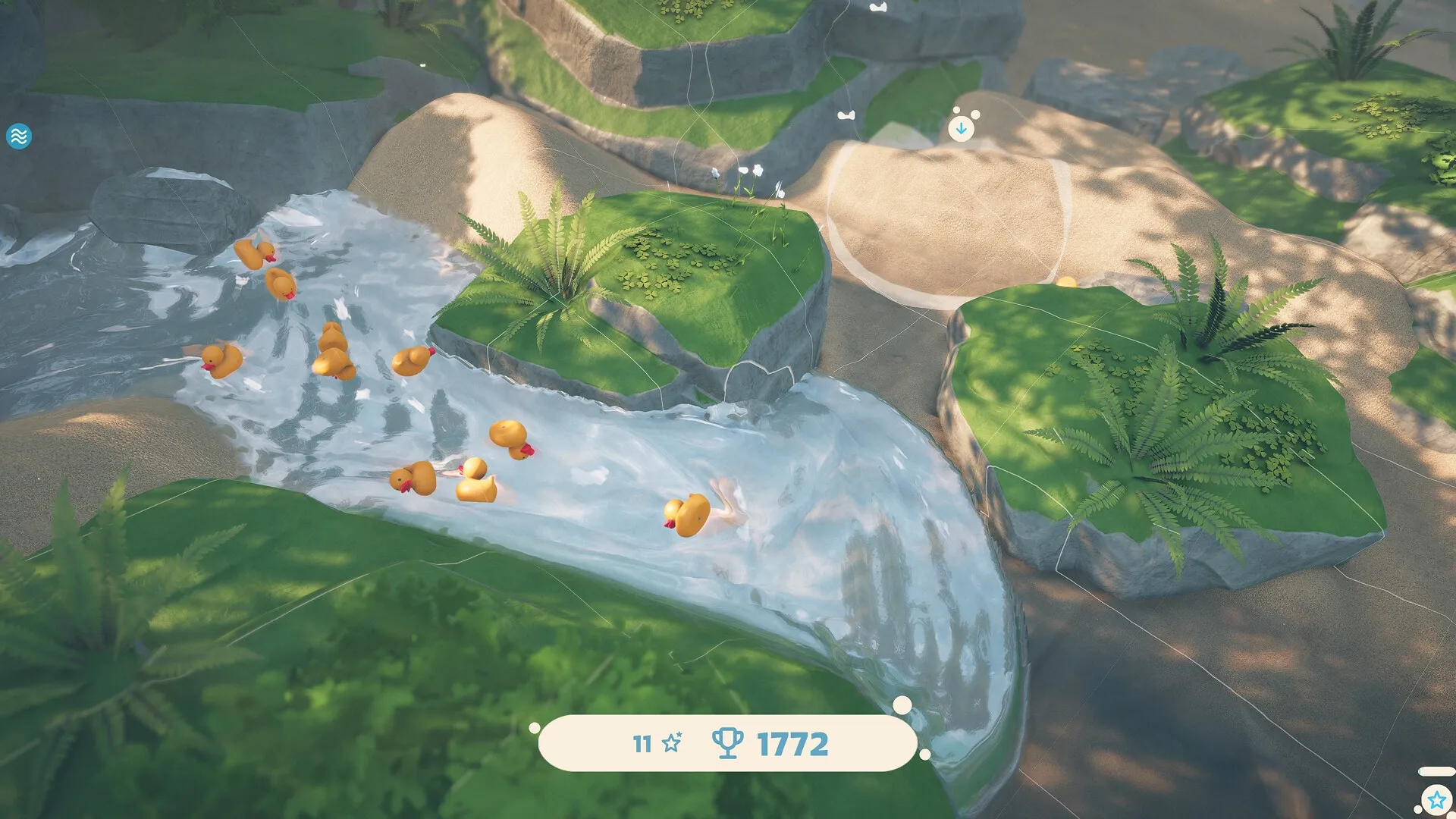 Babbling Brook: Rubber ducks navigating a winding stream through lush greenery and sandy terrain