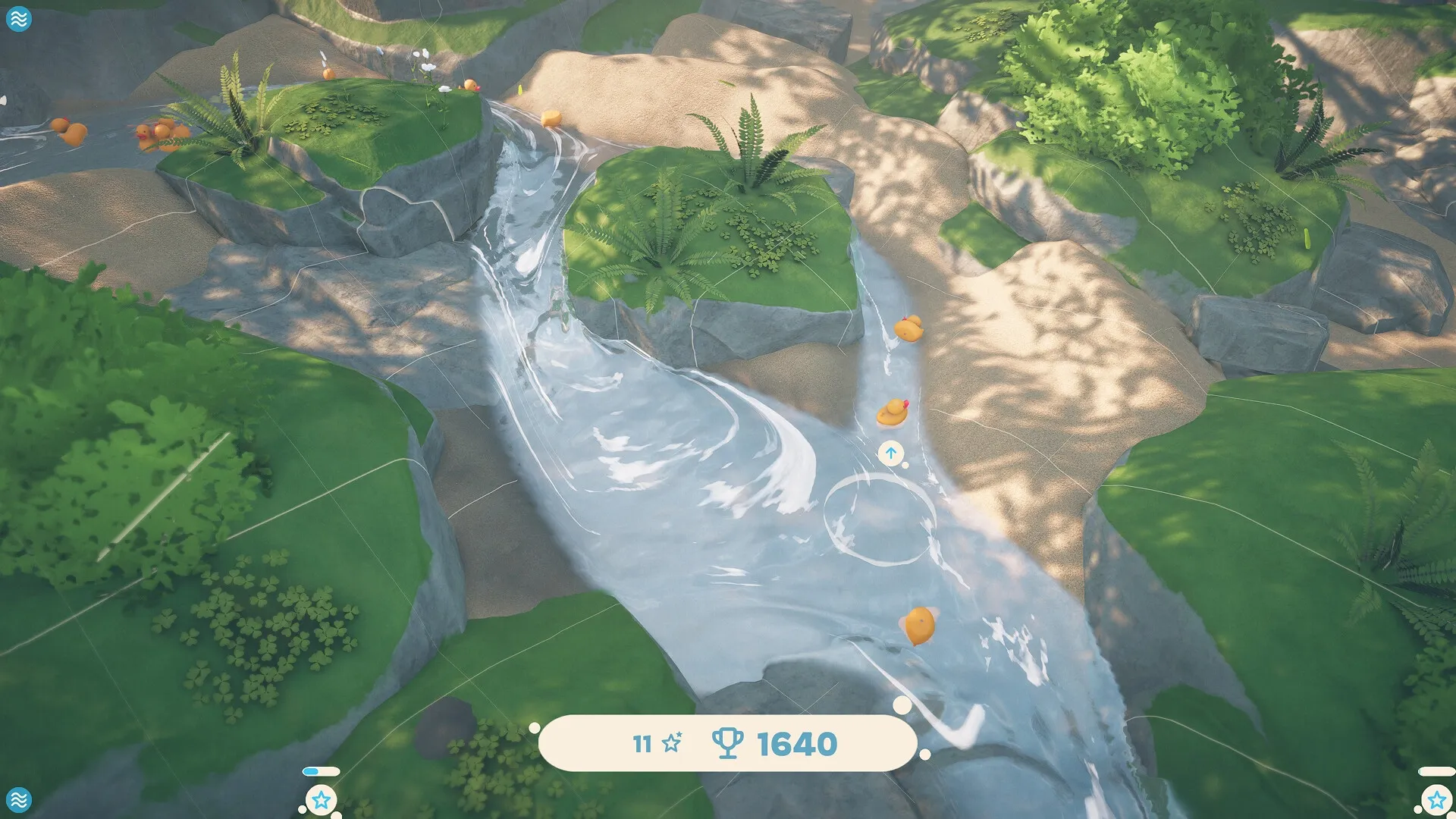 Babbling Brook: Rubber ducks float downstream through a lush, rocky forest with score UI visible below.