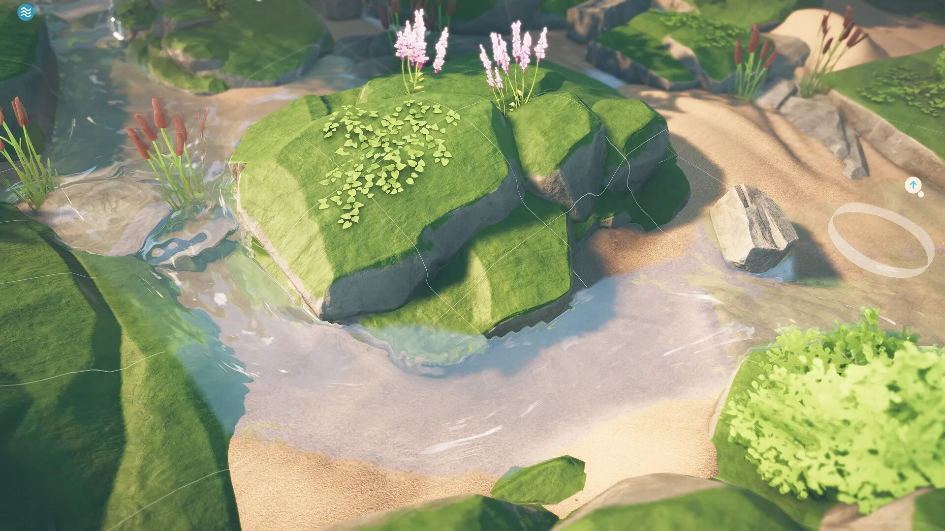 Babbling Brook: Winding stream flows through lush greenery with rocks and sand, highlighting nature's beauty.