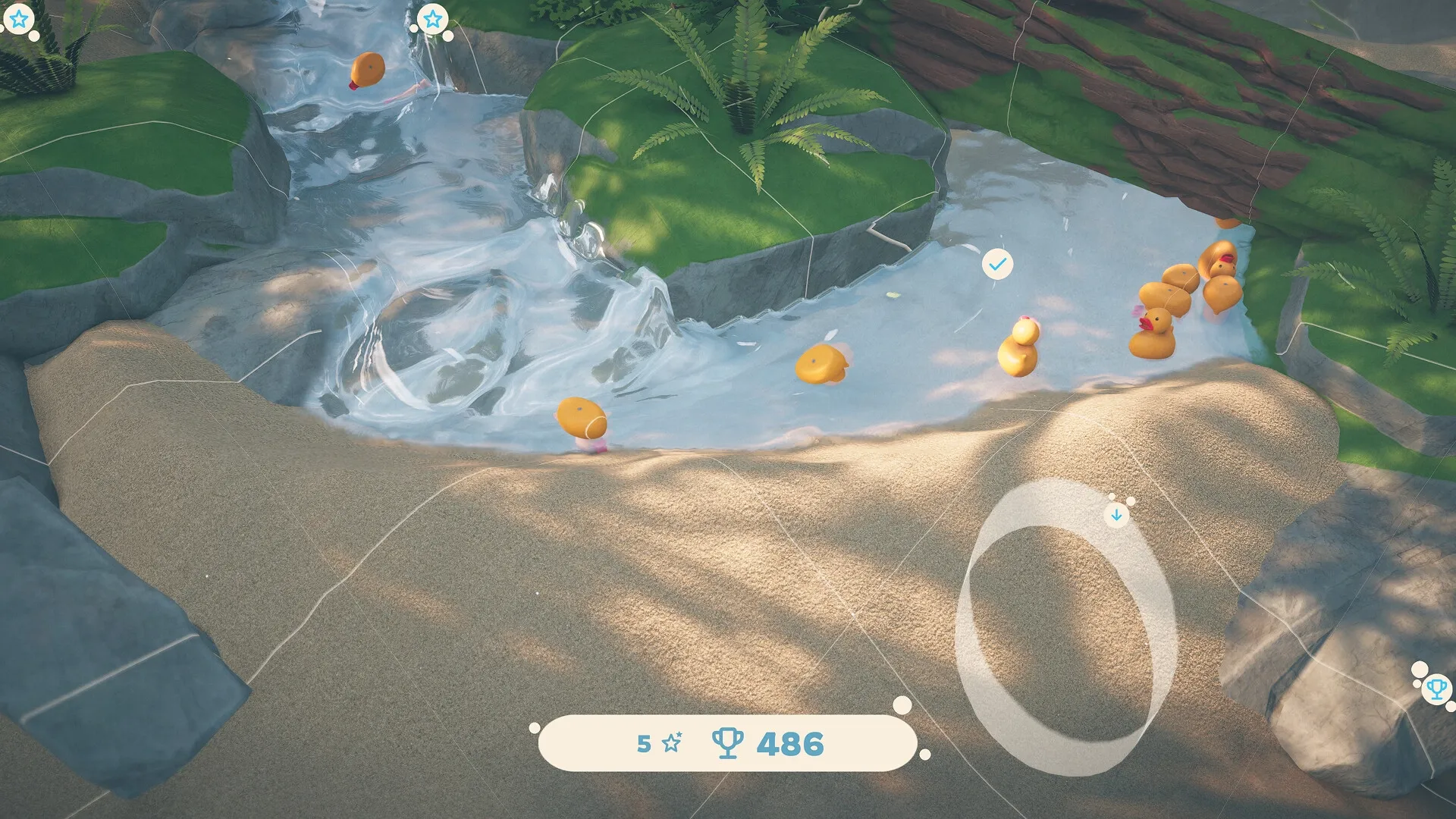 Babbling Brook: Rubber ducks float in a winding stream through lush forest, sand sculpting interface visible