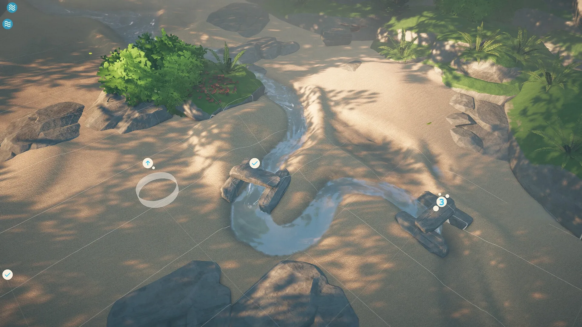 Babbling Brook: Sand sculpting tool shapes winding streams through lush forest and rocky terrain.
