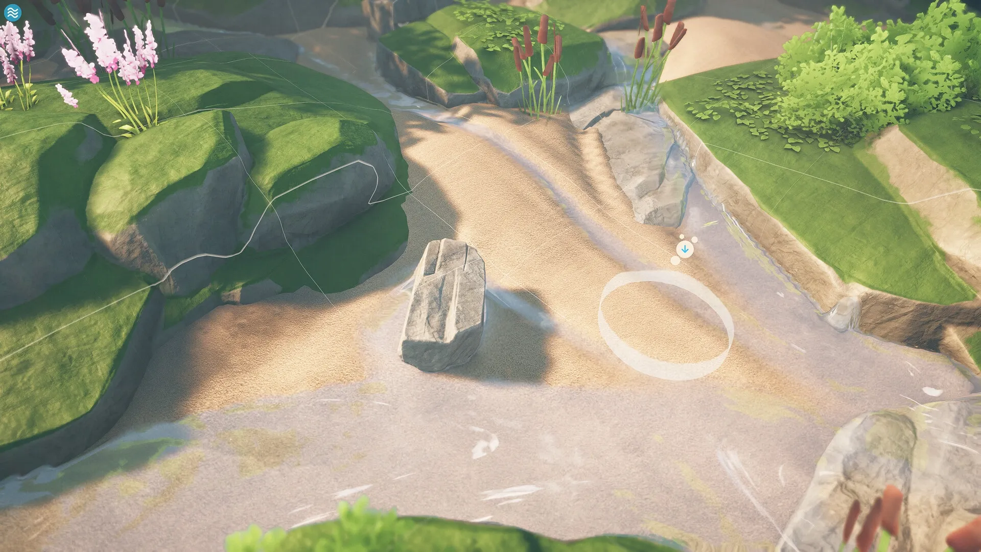 Babbling Brook: Sculpting sandy streams with lush foliage and rocks in a serene forest setting.