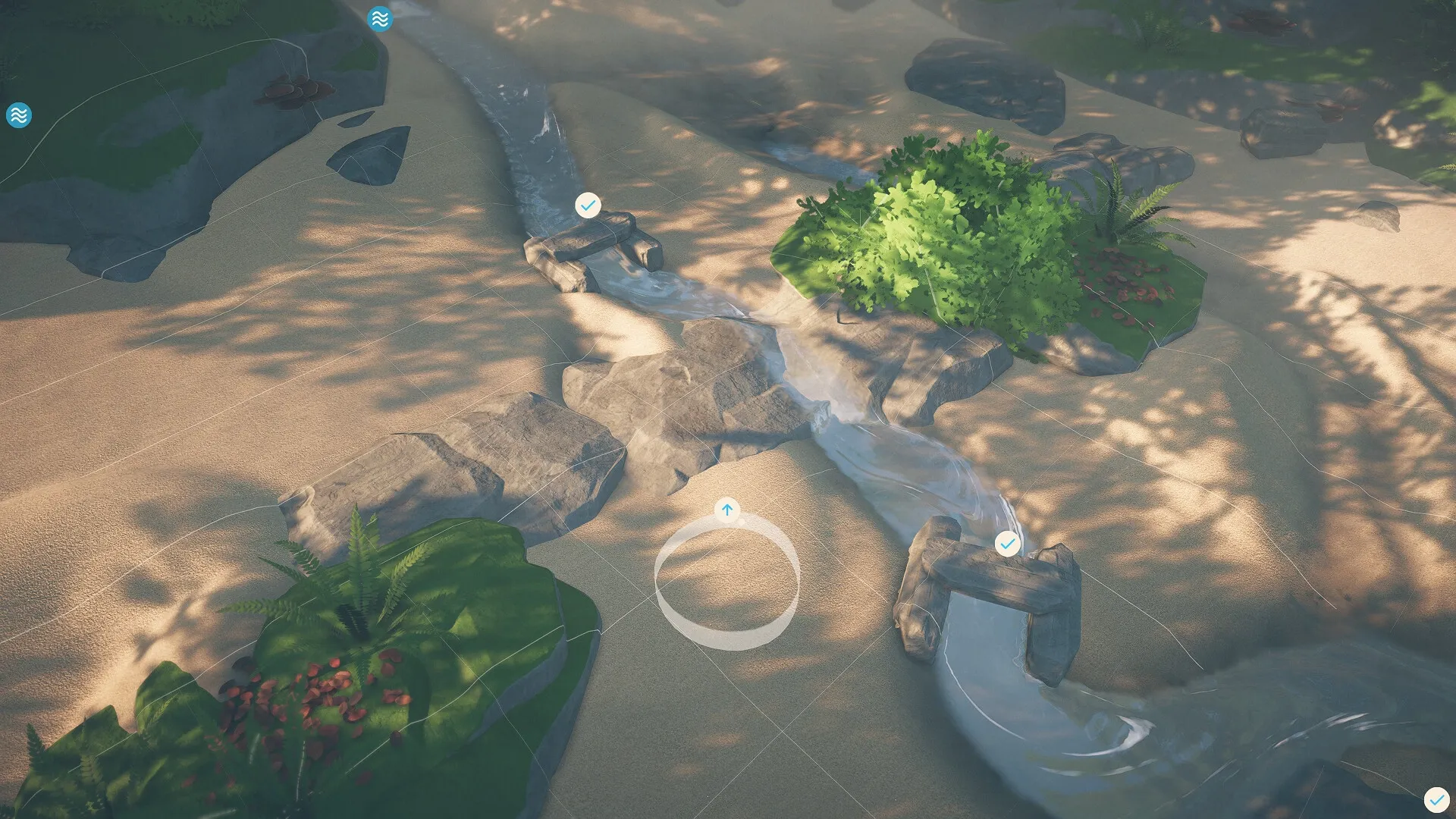 Babbling Brook: Water flows through rocky channels and lush greenery in a serene forest setting
