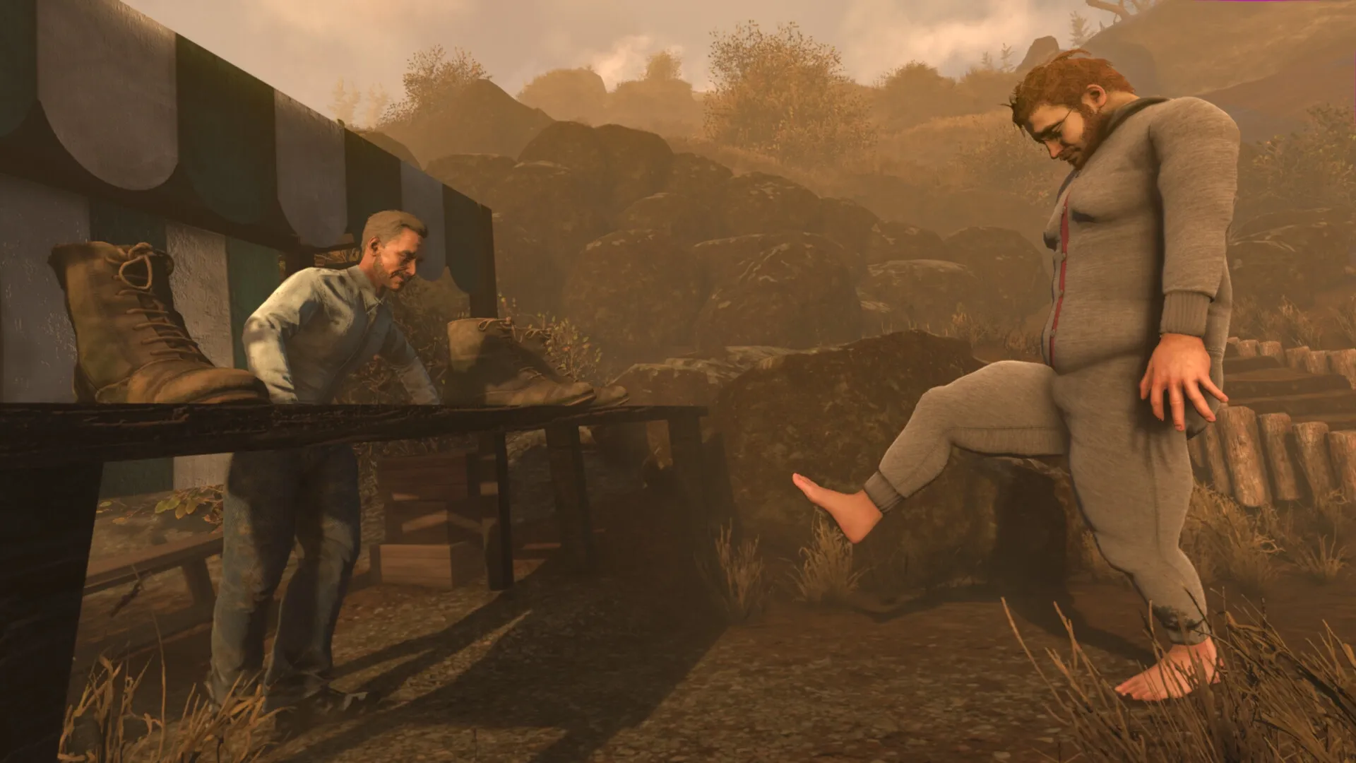 Baby Steps: Nate awkwardly lifts foot near vendor's shoe stall in a rocky outdoor market setting.
