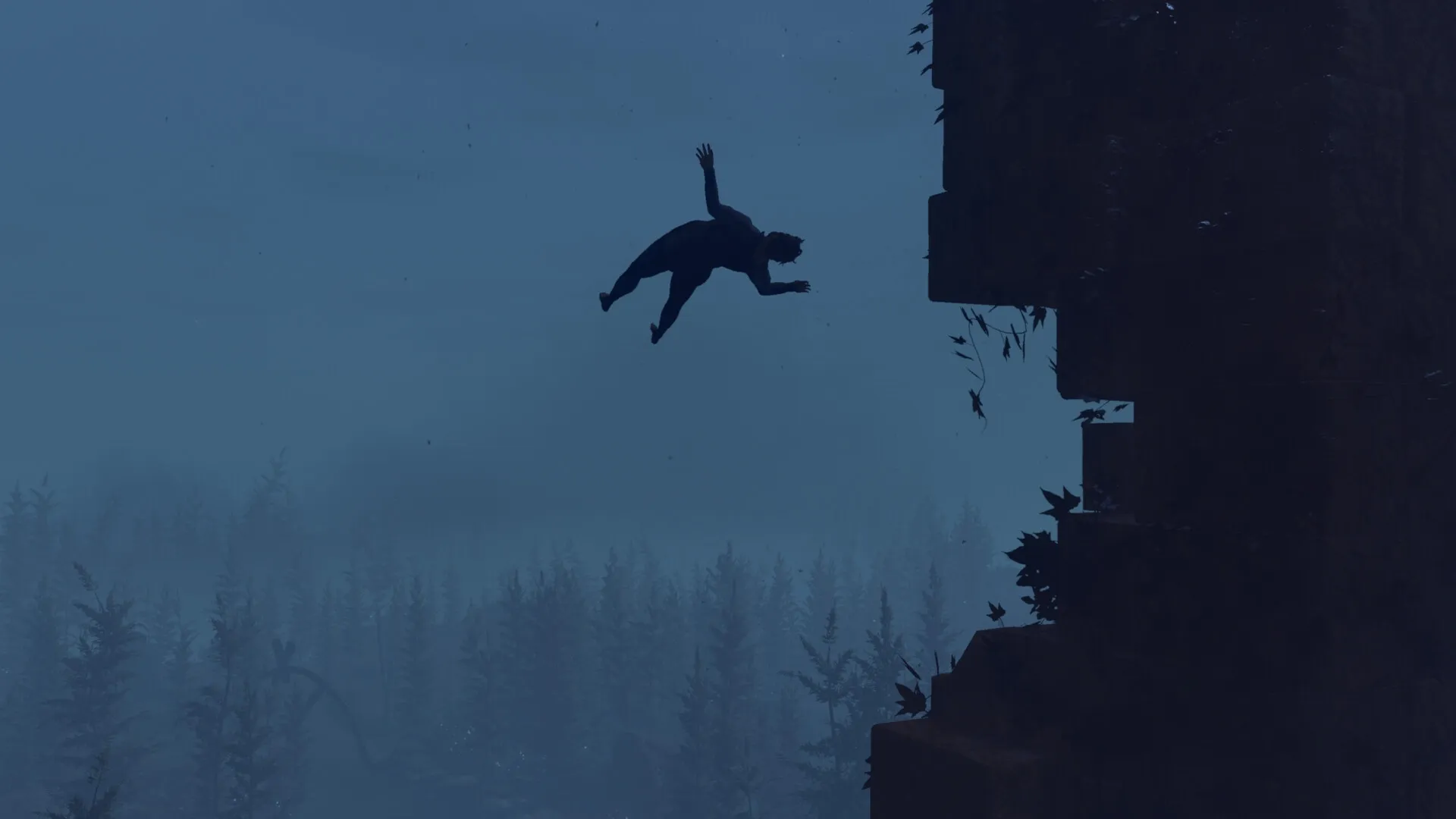 Baby Steps: Nate mid-air near a cliff, silhouetted against a foggy forest backdrop.