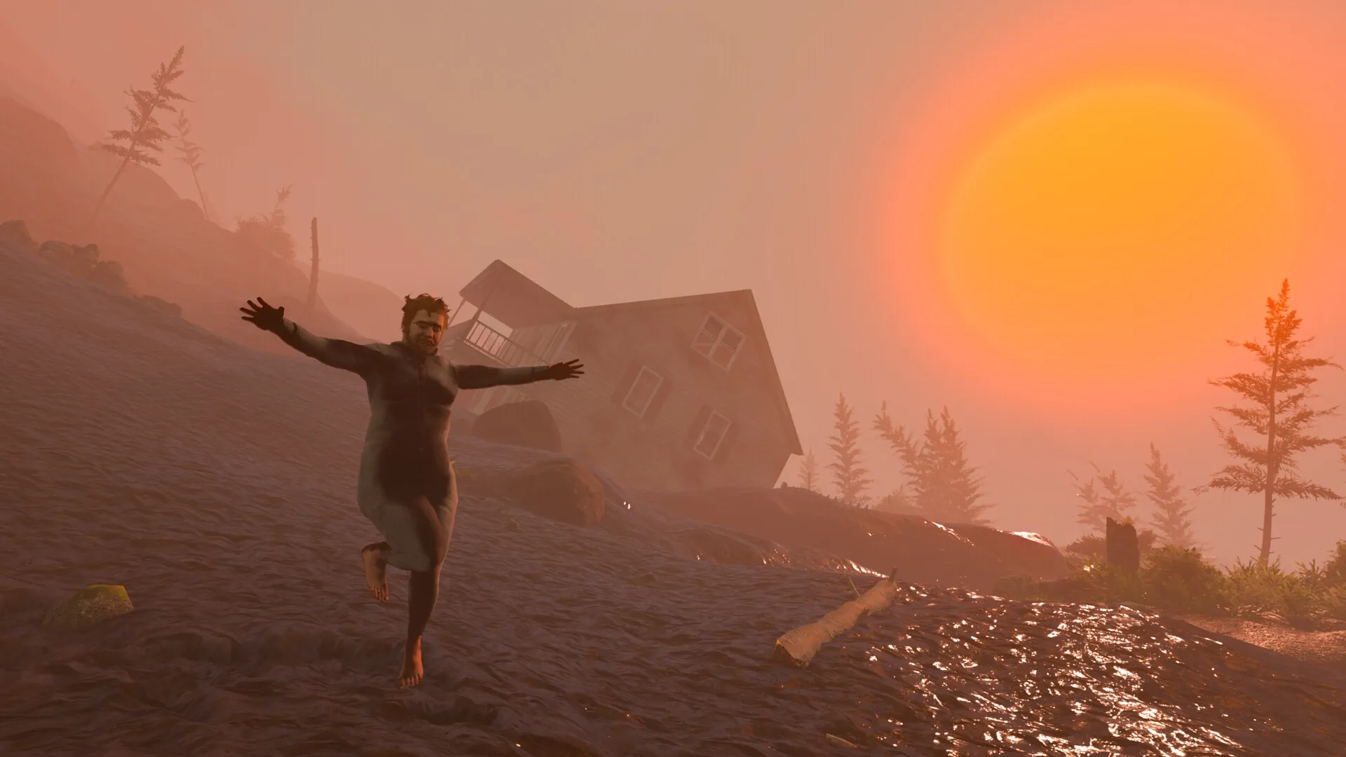 Baby Steps: Nate joyfully stumbles downhill at sunrise, near a tilted house on a rocky, misty landscape.
