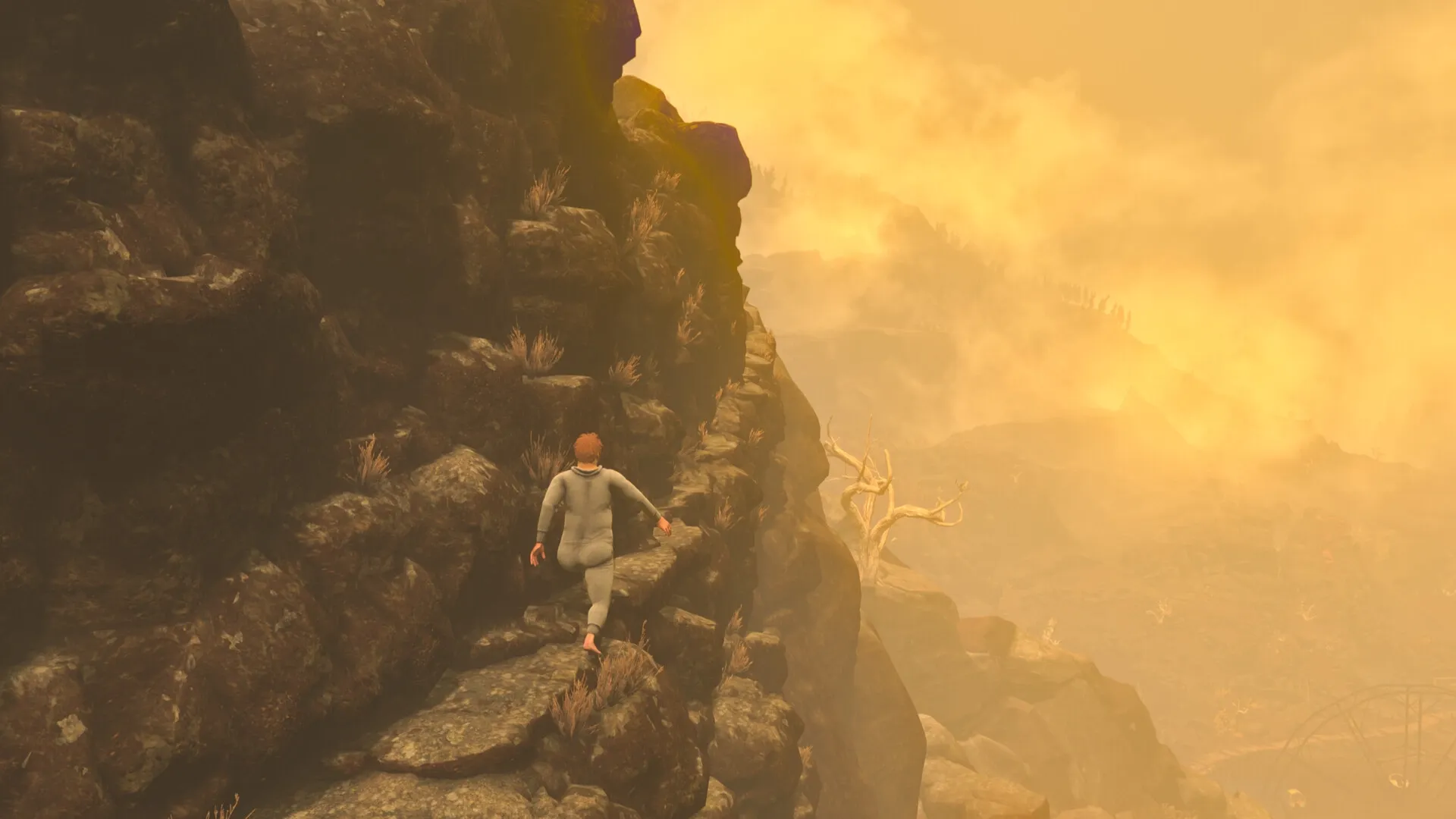 Baby Steps: Nate climbs a rocky path in a misty, sunlit mountain landscape with sparse vegetation.