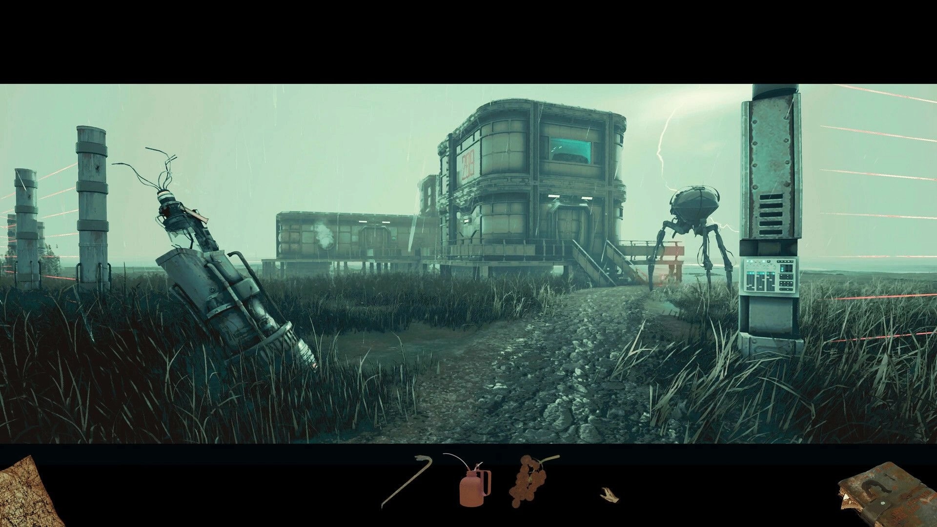 Back in the Swamp: Abandoned facility with giant robot and laser grid in overgrown, rainy wasteland.