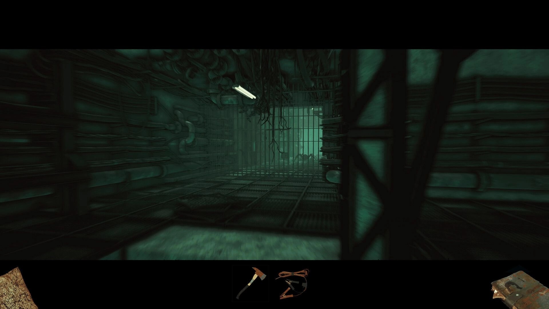 Back in the Swamp: Exploring dimly lit industrial corridor with inventory items axe, rope, and map visible