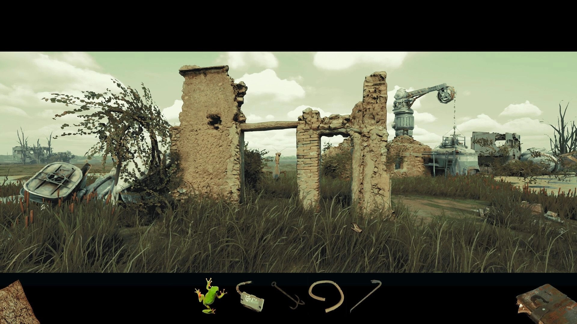 Back in the Swamp: Exploring ruins with inventory icons displayed in a grassy, post-apocalyptic setting.