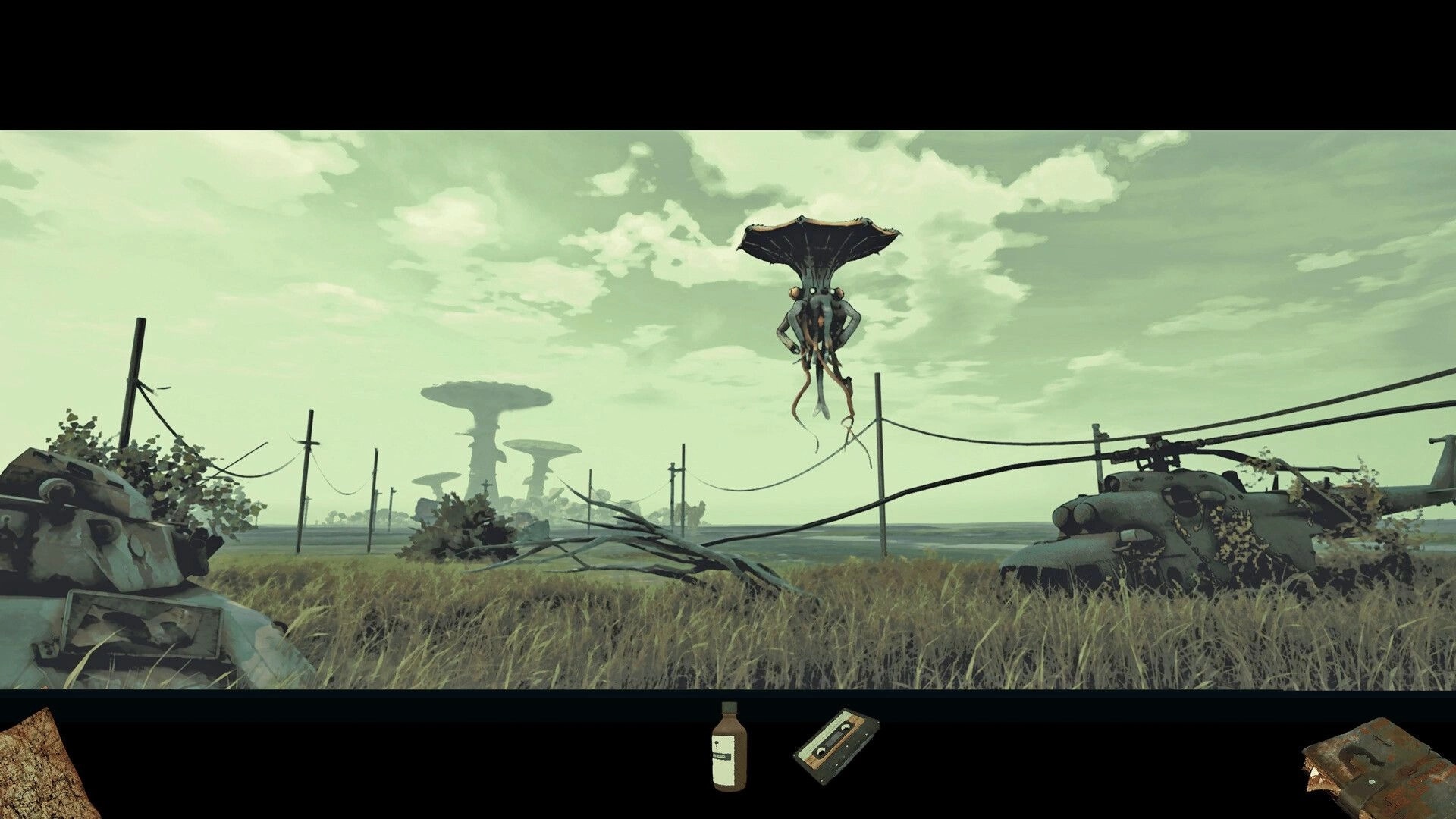 Back in the Swamp: Hovering giant insect above abandoned tanks and helicopter in grassy wasteland
