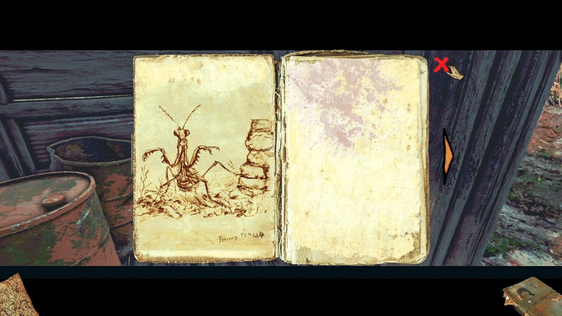 Back in the Swamp: Open journal with sketch of giant insect beside rusty barrels in wooden shack interior