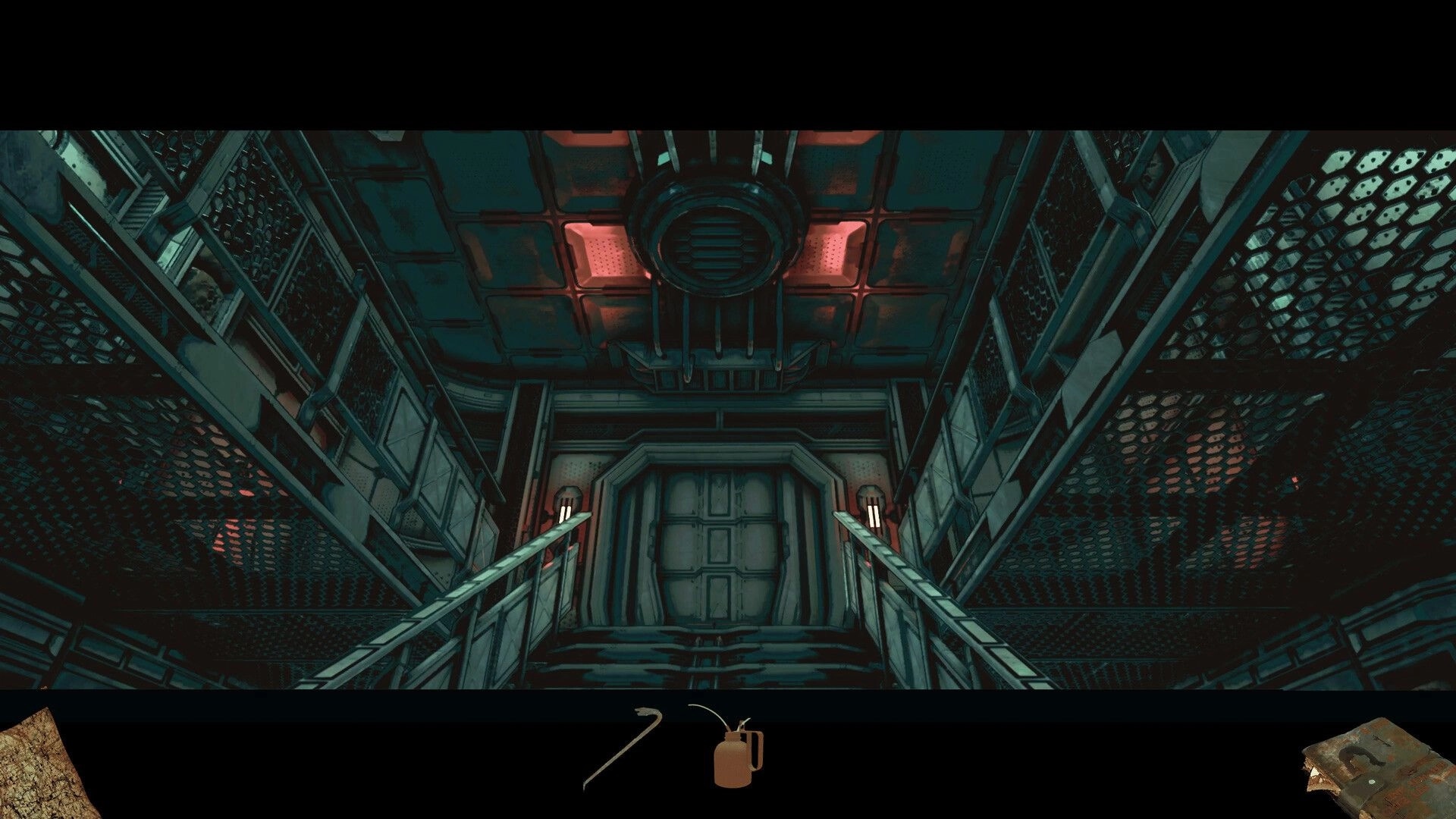 Back in the Swamp: Dimly lit metallic corridor and staircase with inventory items visible at the bottom.