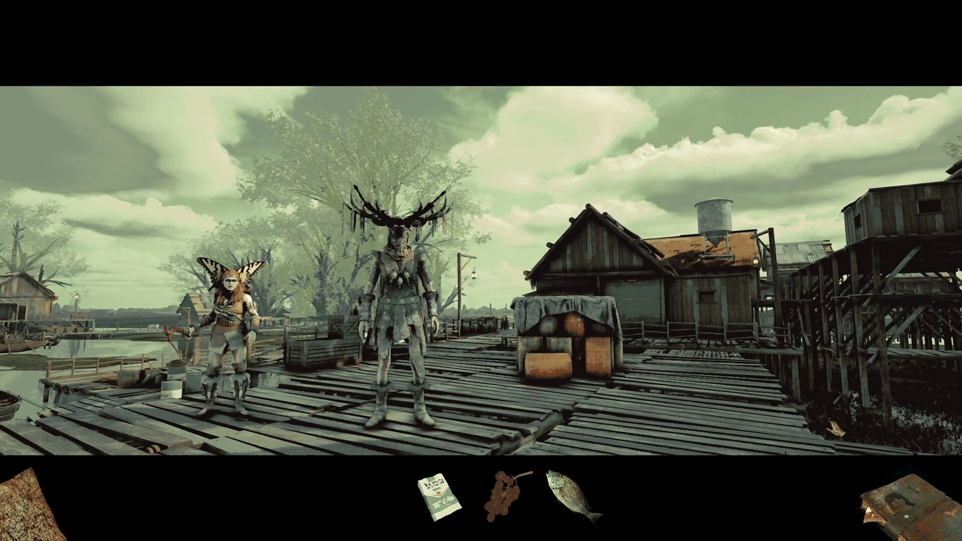 Back in the Swamp: Two figures with insect features stand on wooden docks in a post-apocalyptic village.