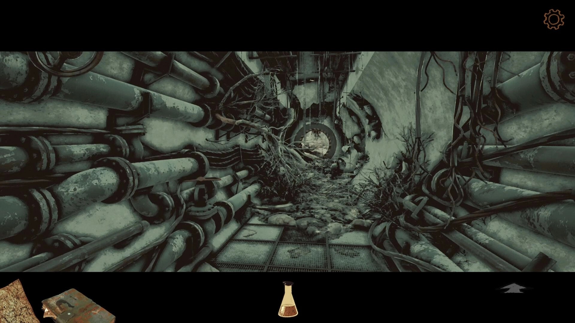 Back in the Swamp: Exploring a decaying tunnel filled with pipes and overgrown vegetation in wasteland.