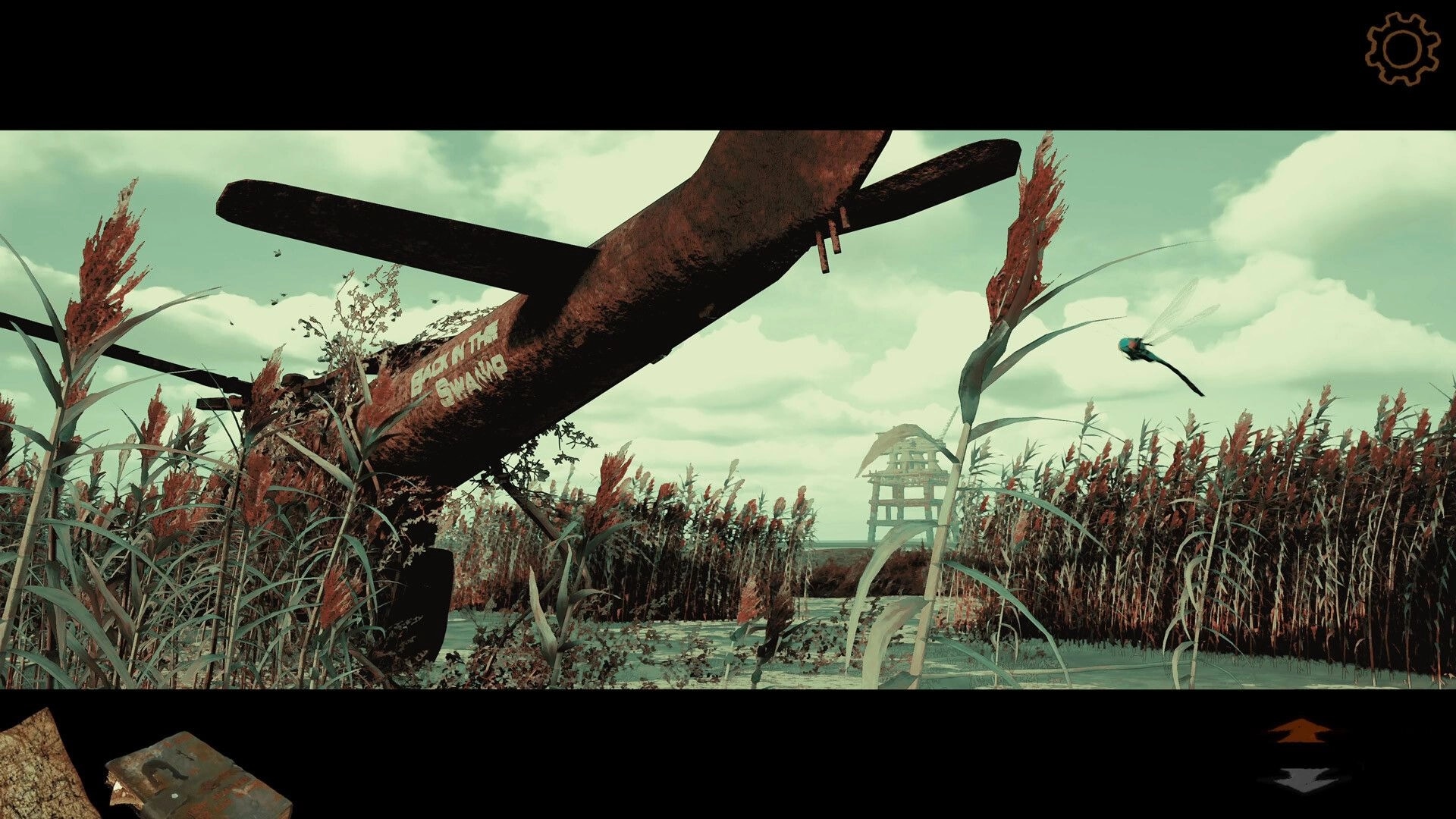 Back in the Swamp: Rusty crashed plane in overgrown reeds with dragonfly hovering in post-apocalyptic swamp.