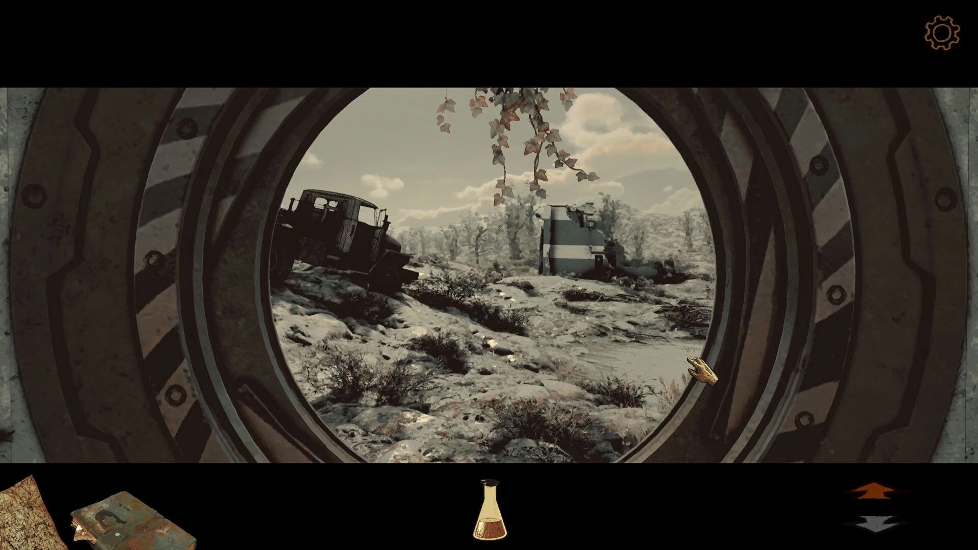 Back in the Swamp: View through rusty porthole of desolate landscape with truck and distant building