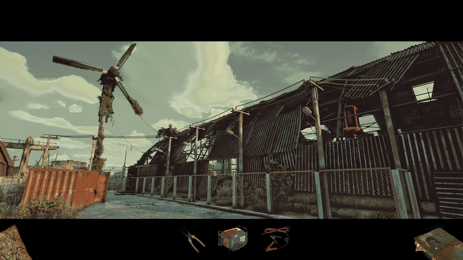 Back in the Swamp: Exploring abandoned warehouse with rusty wind turbine in post-apocalyptic wasteland