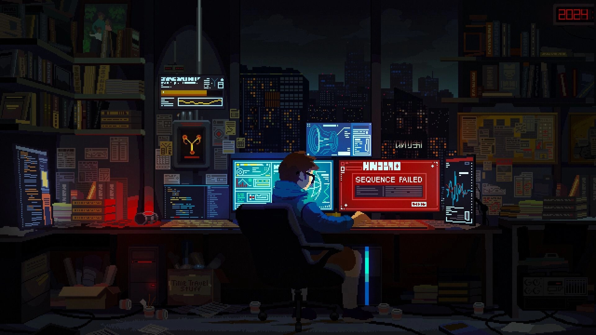Back In Time: Character at desk with multiple screens showing a "sequence failed" message in city office