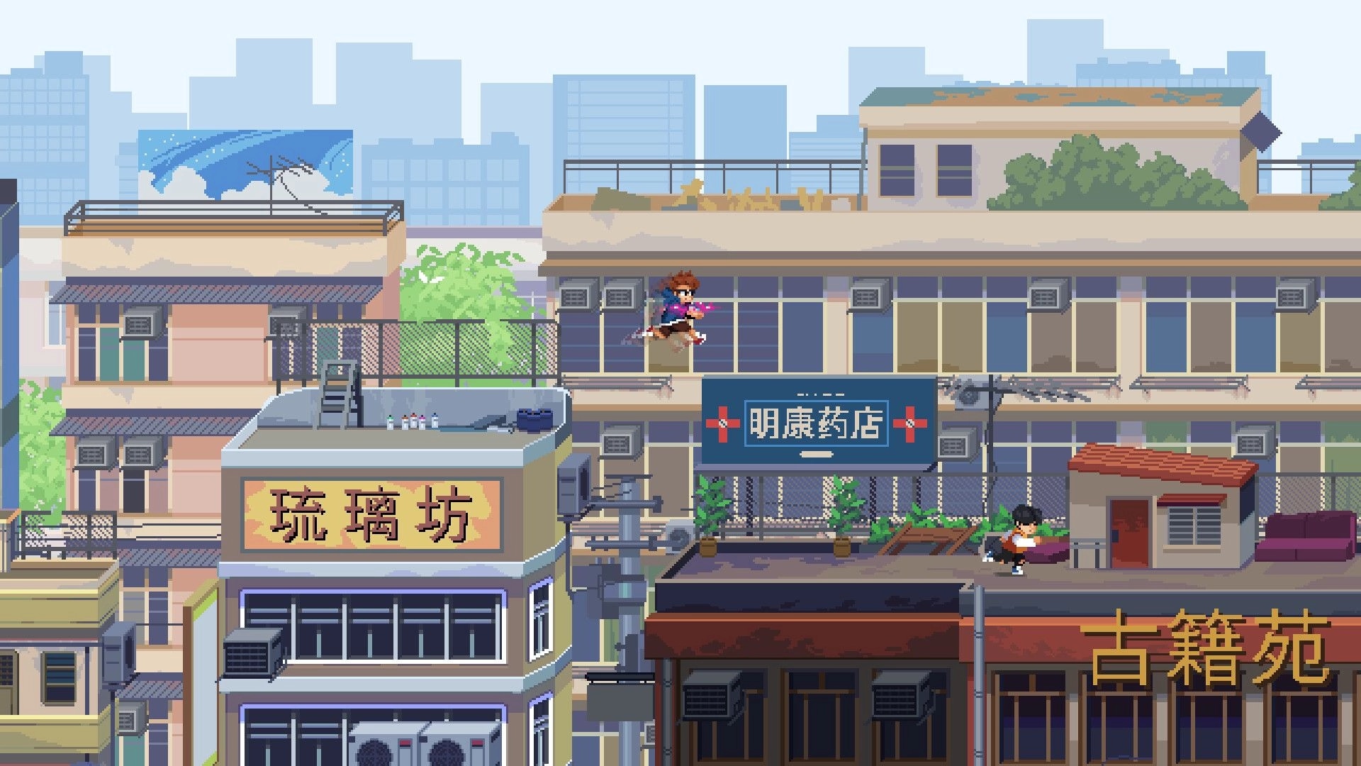 Back In Time: Character jumps between rooftops in a pixelated cityscape with Chinese signage visible.