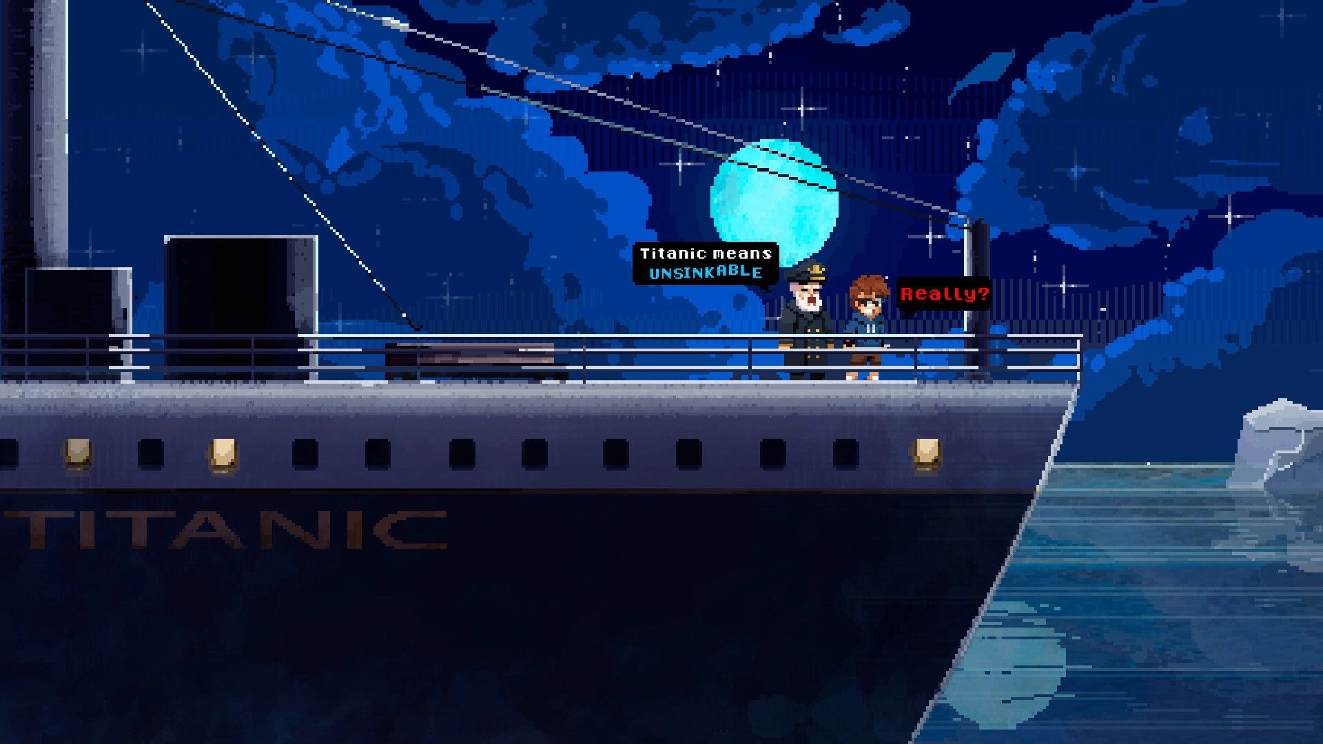 Back In Time: Characters conversing on Titanic's deck under moonlit sky with iceberg in the distance
